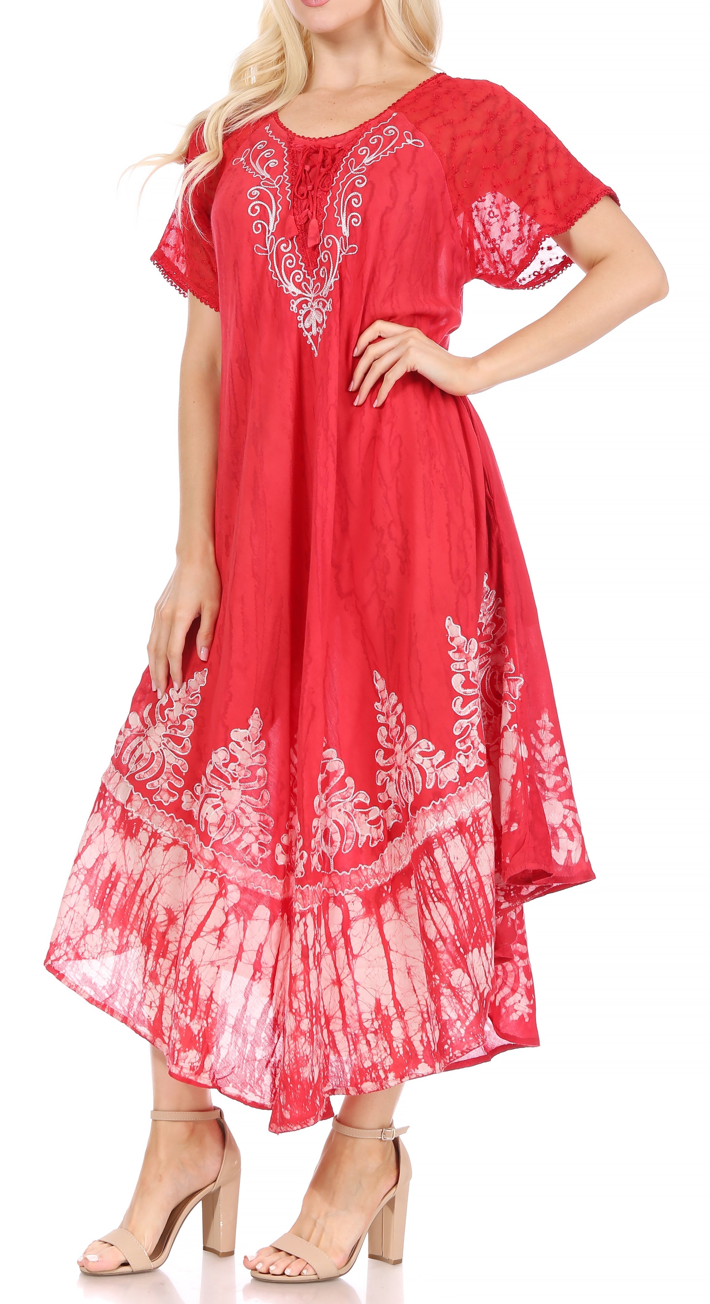 Sakkas - Ronny Lace Embroidered Cap Sleeve Tie Dye Wash Caftan Dress / Cover Up