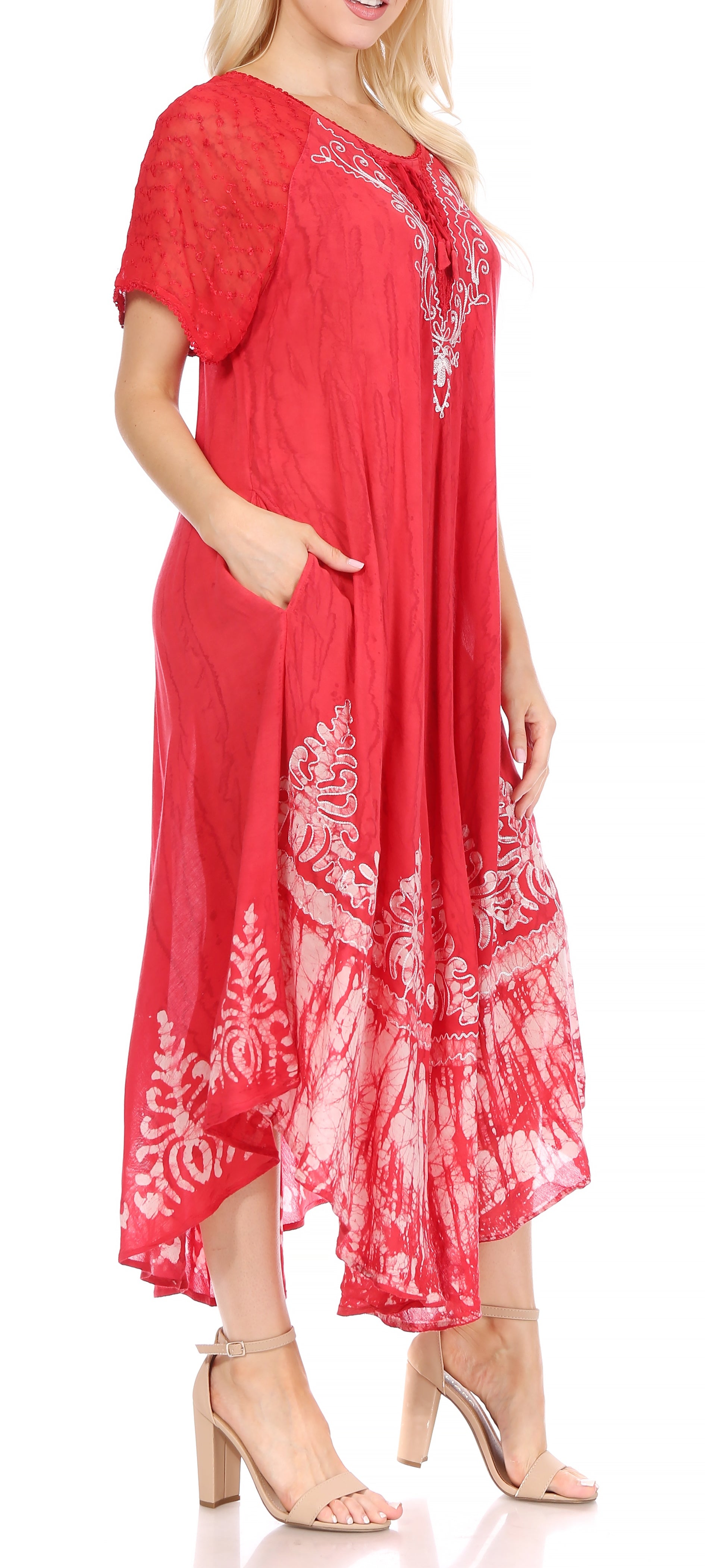 Sakkas - Ronny Lace Embroidered Cap Sleeve Tie Dye Wash Caftan Dress / Cover Up