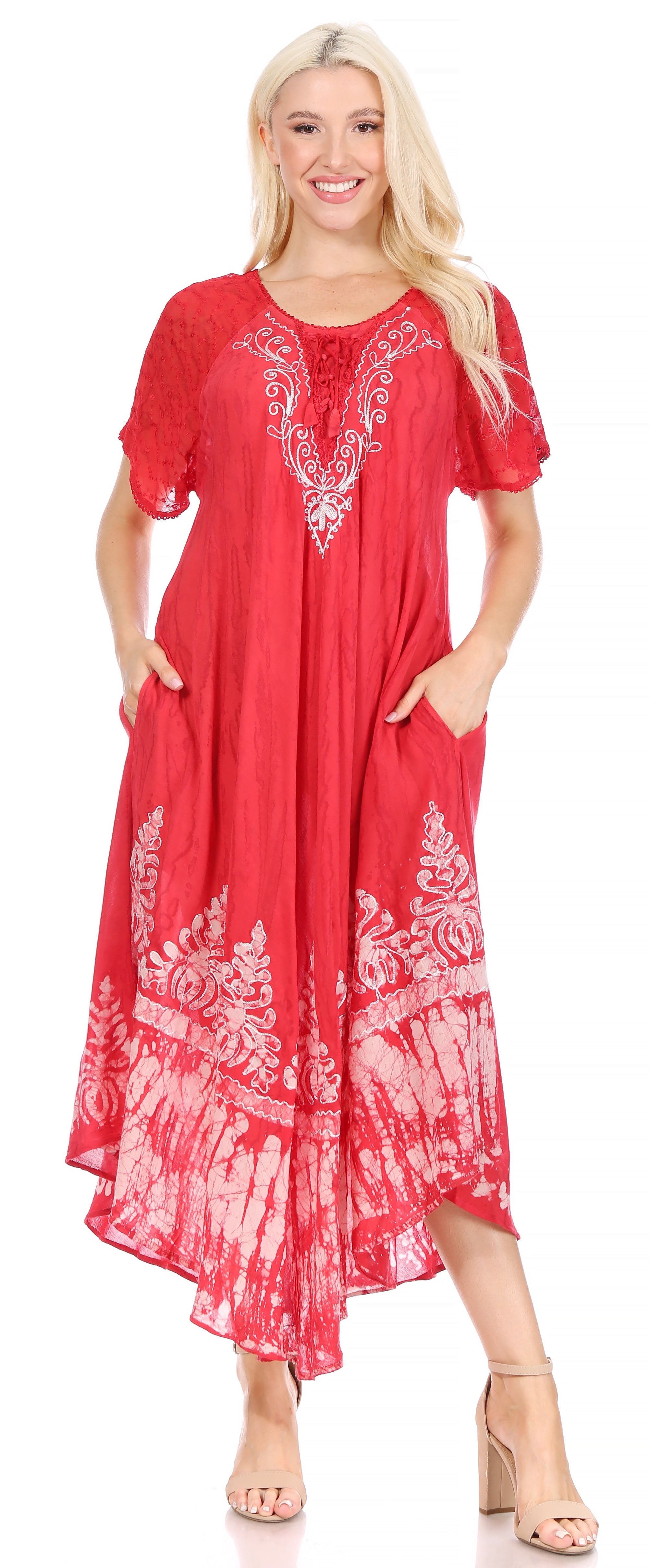 Sakkas - Ronny Lace Embroidered Cap Sleeve Tie Dye Wash Caftan Dress / Cover Up