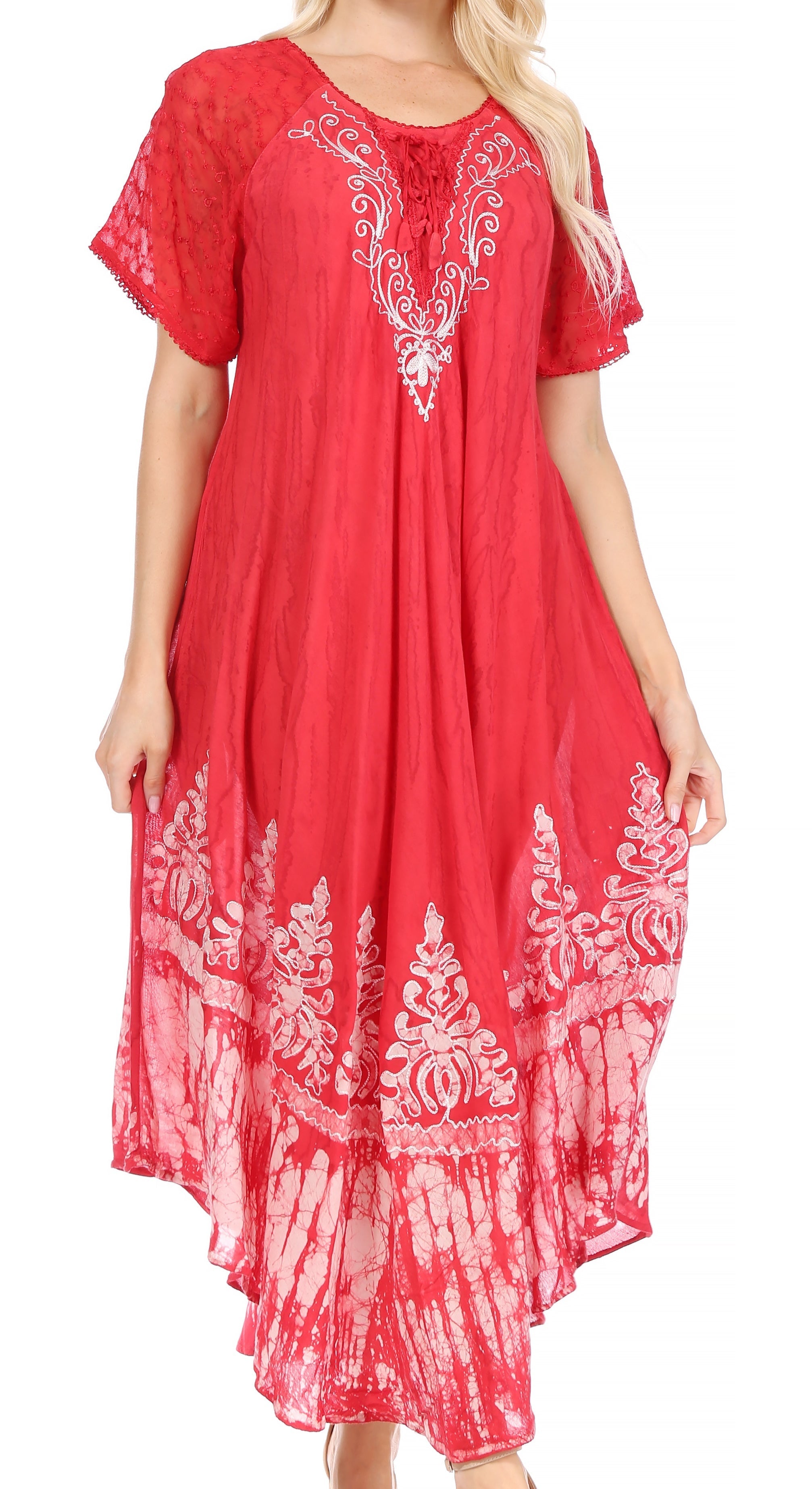 Sakkas - Ronny Lace Embroidered Cap Sleeve Tie Dye Wash Caftan Dress / Cover Up