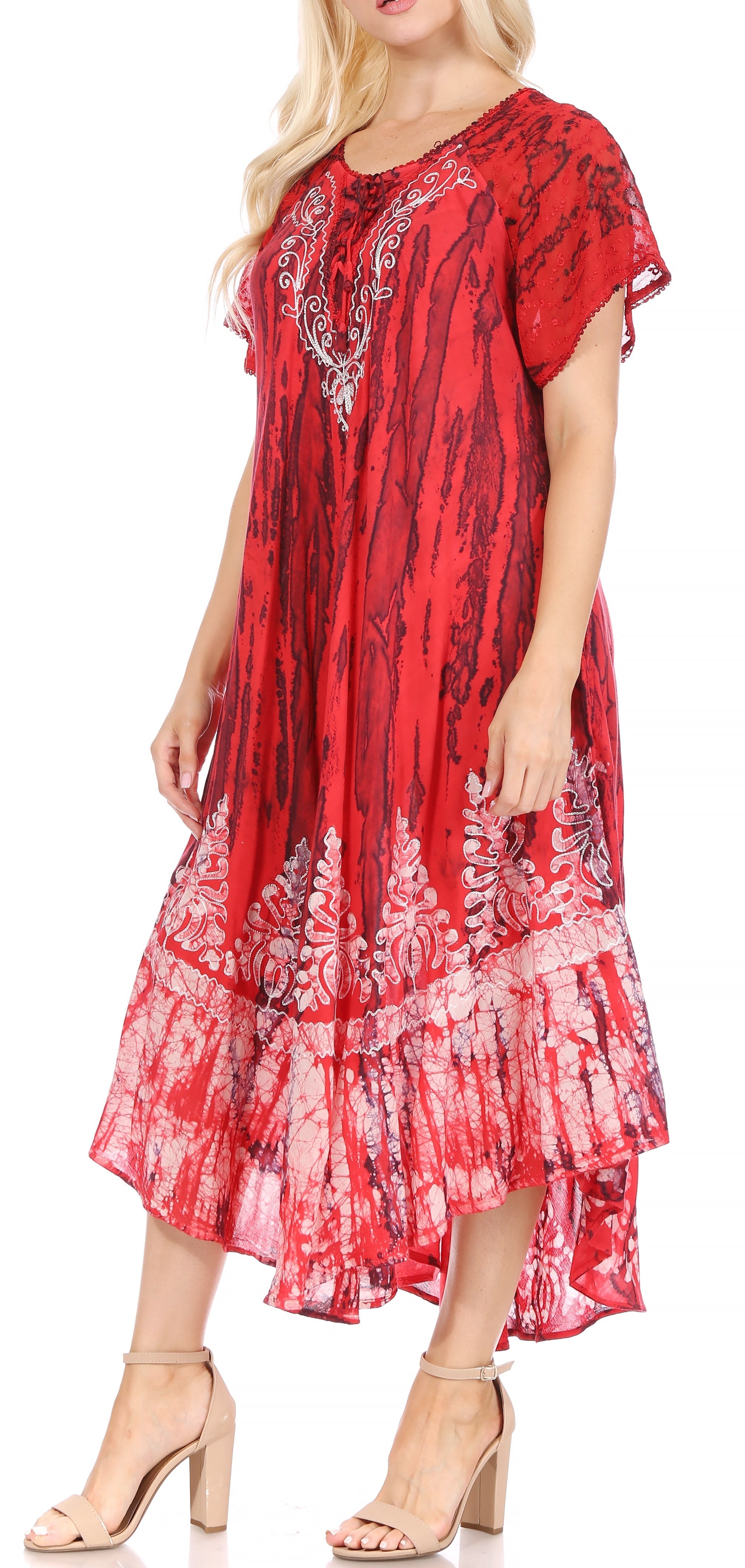 Sakkas - Ronny Lace Embroidered Cap Sleeve Tie Dye Wash Caftan Dress / Cover Up