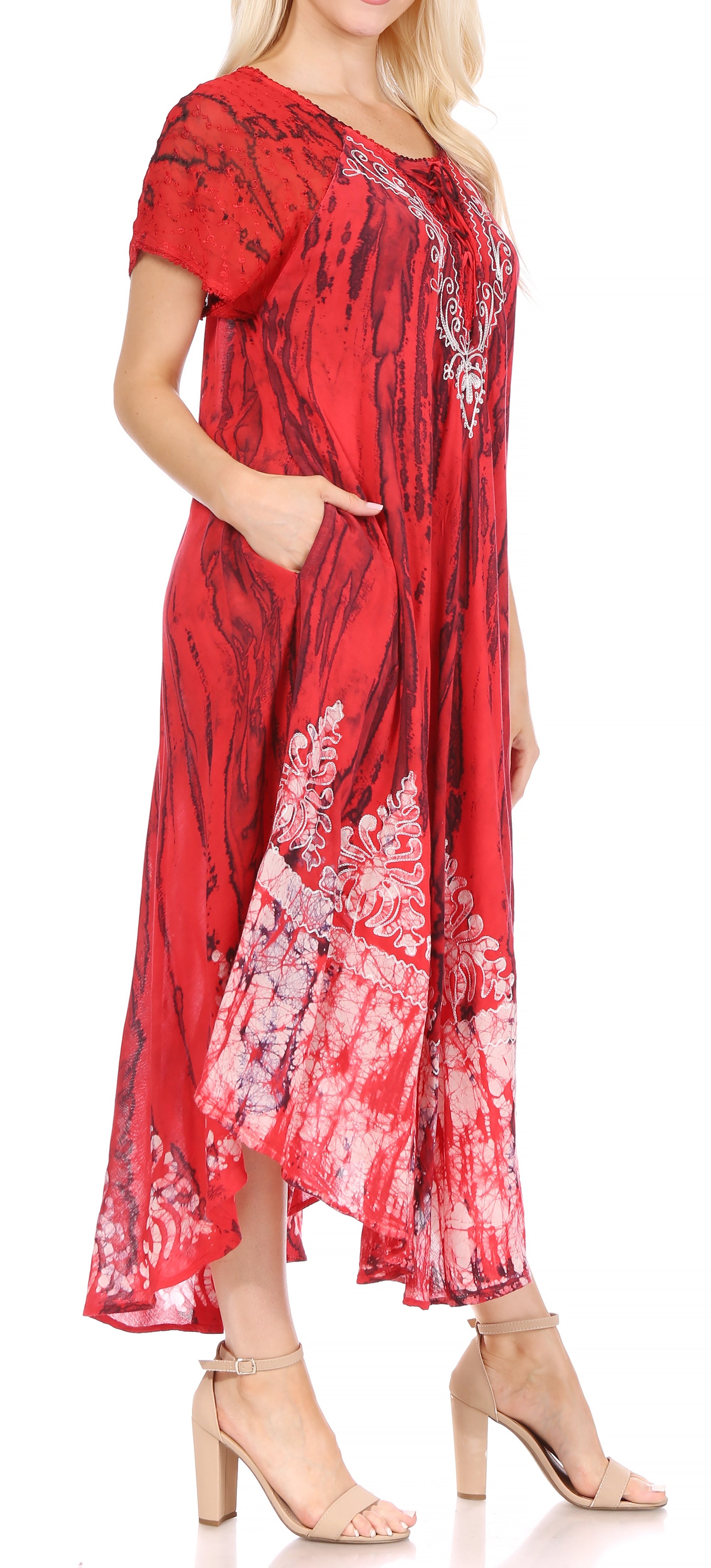 Sakkas - Ronny Lace Embroidered Cap Sleeve Tie Dye Wash Caftan Dress / Cover Up