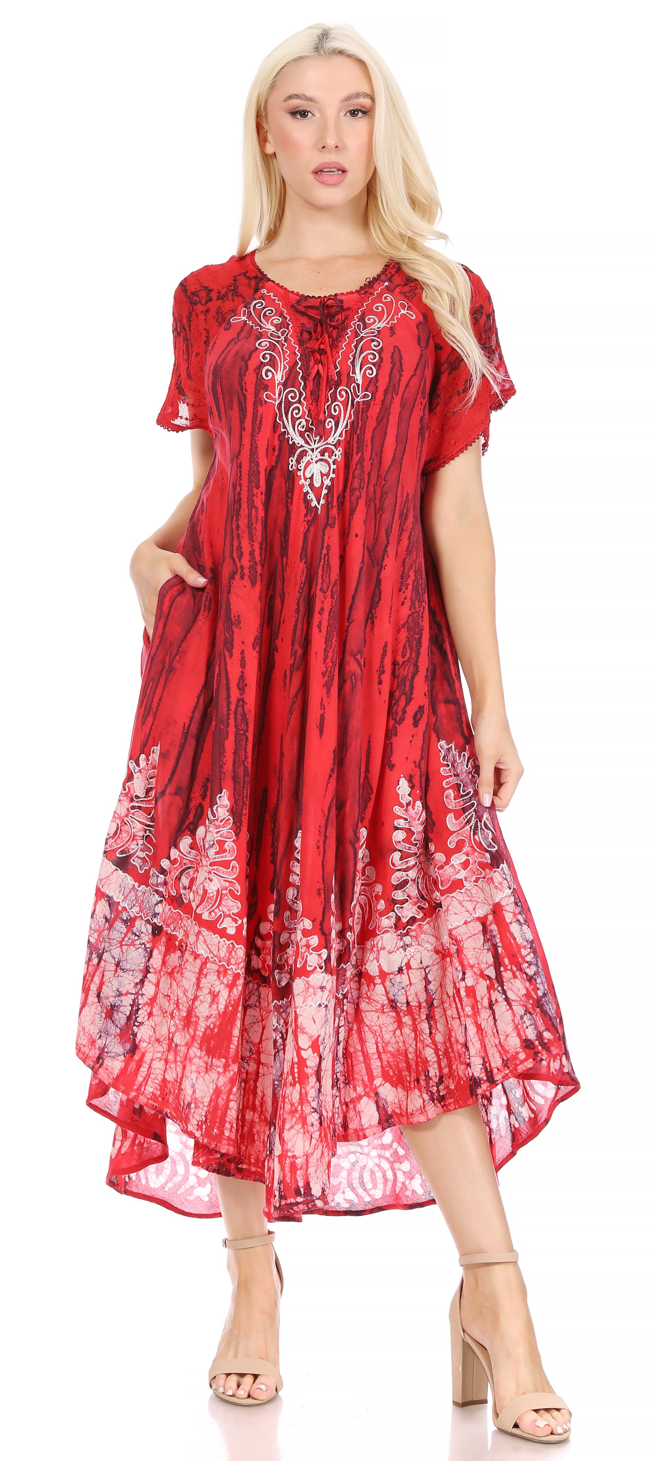 Sakkas - Ronny Lace Embroidered Cap Sleeve Tie Dye Wash Caftan Dress / Cover Up