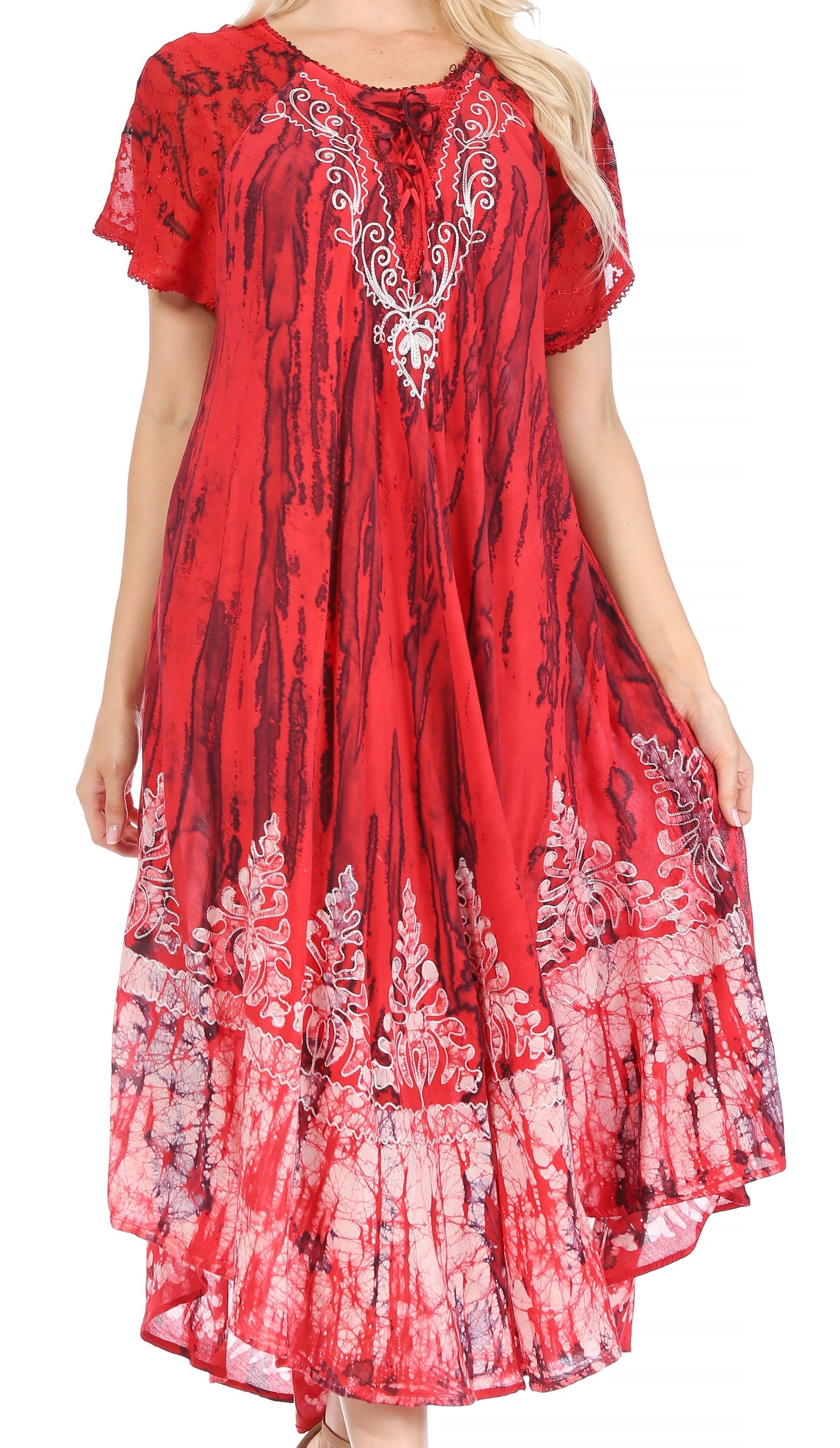 Sakkas - Ronny Lace Embroidered Cap Sleeve Tie Dye Wash Caftan Dress / Cover Up