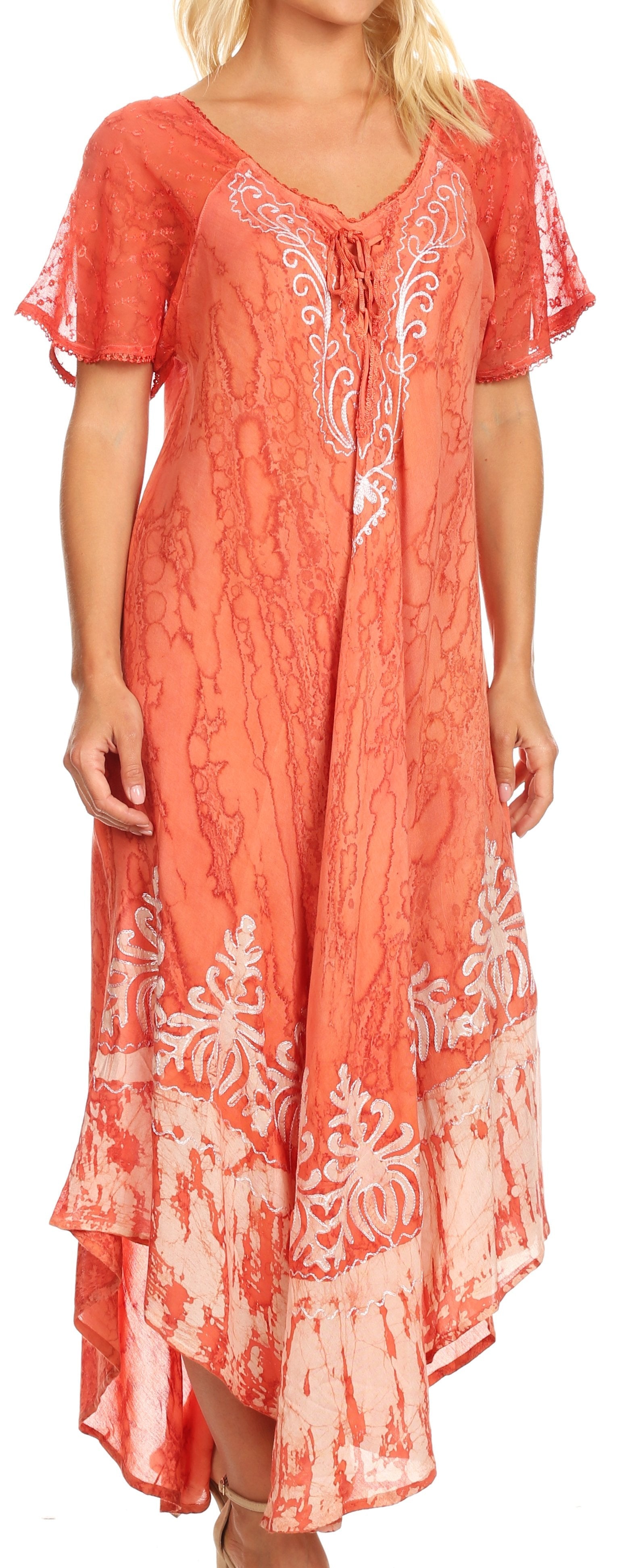 Sakkas - Ronny Lace Embroidered Cap Sleeve Tie Dye Wash Caftan Dress / Cover Up