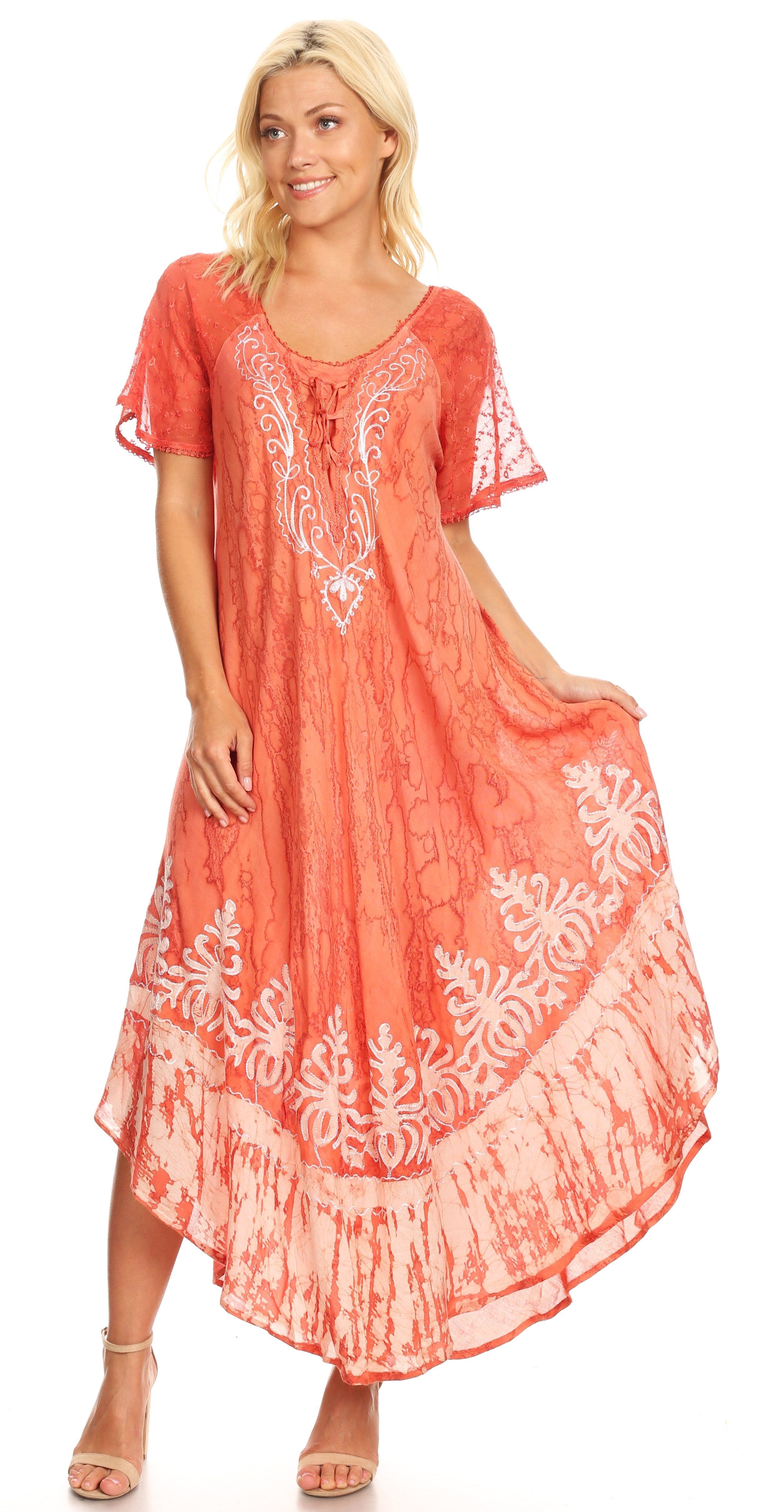 Sakkas - Ronny Lace Embroidered Cap Sleeve Tie Dye Wash Caftan Dress / Cover Up