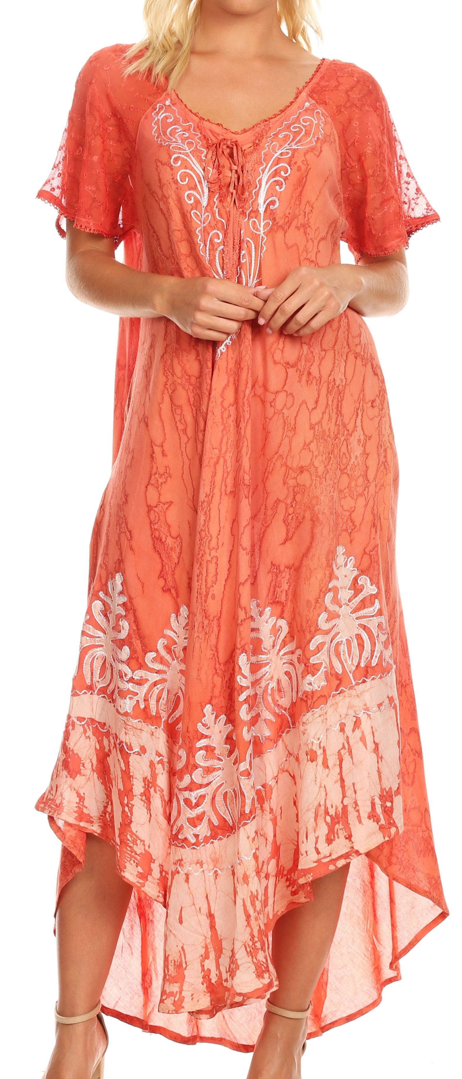 Sakkas - Ronny Lace Embroidered Cap Sleeve Tie Dye Wash Caftan Dress / Cover Up