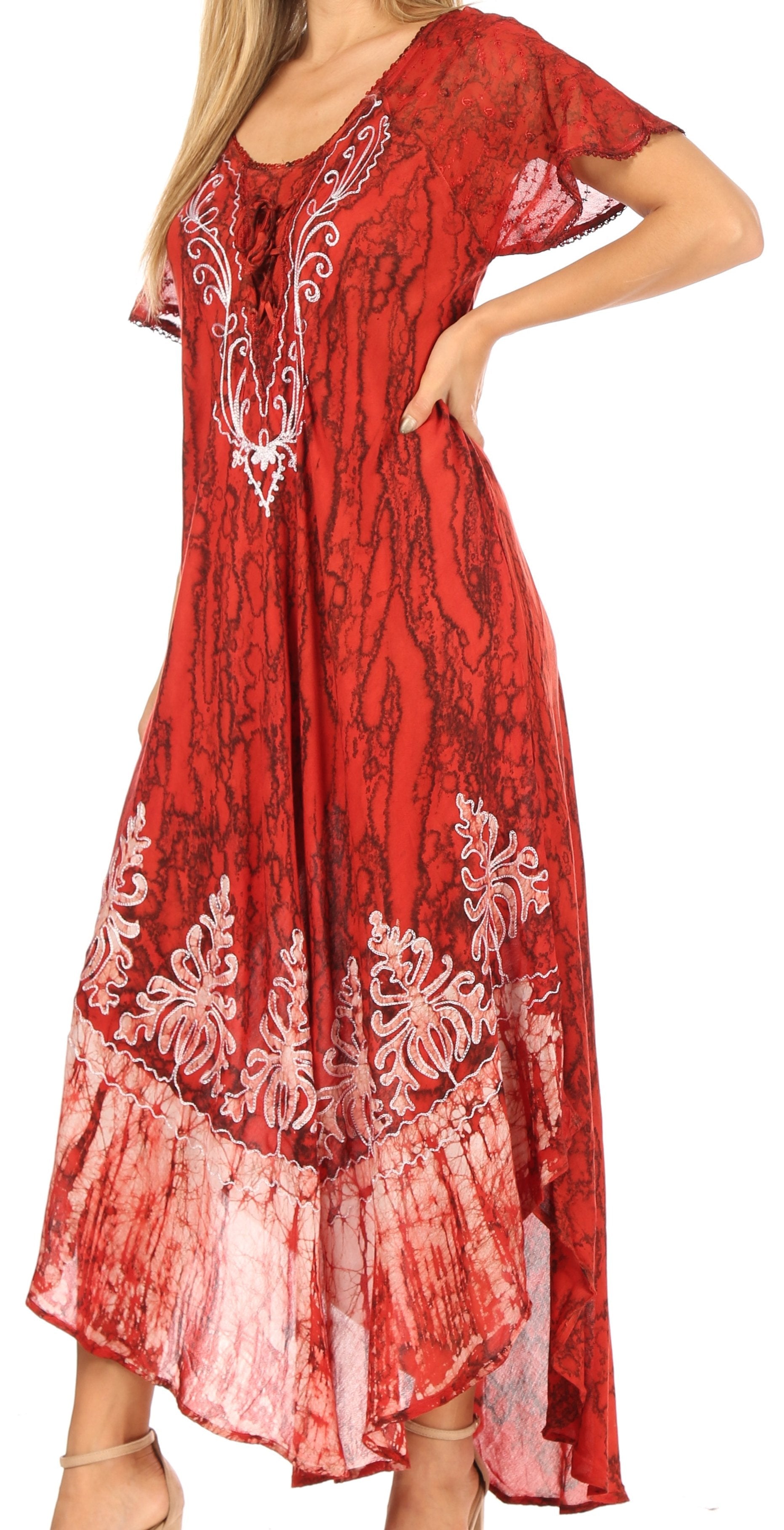 Sakkas - Ronny Lace Embroidered Cap Sleeve Tie Dye Wash Caftan Dress / Cover Up