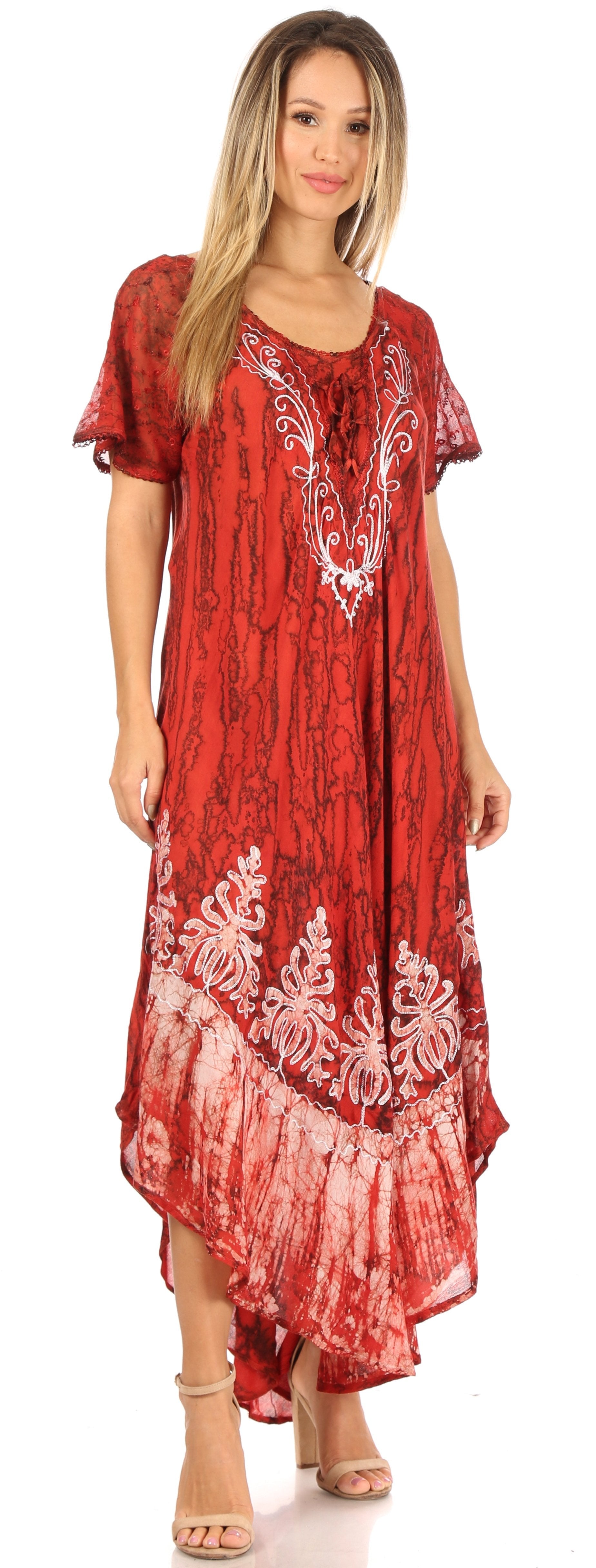 Sakkas - Ronny Lace Embroidered Cap Sleeve Tie Dye Wash Caftan Dress / Cover Up