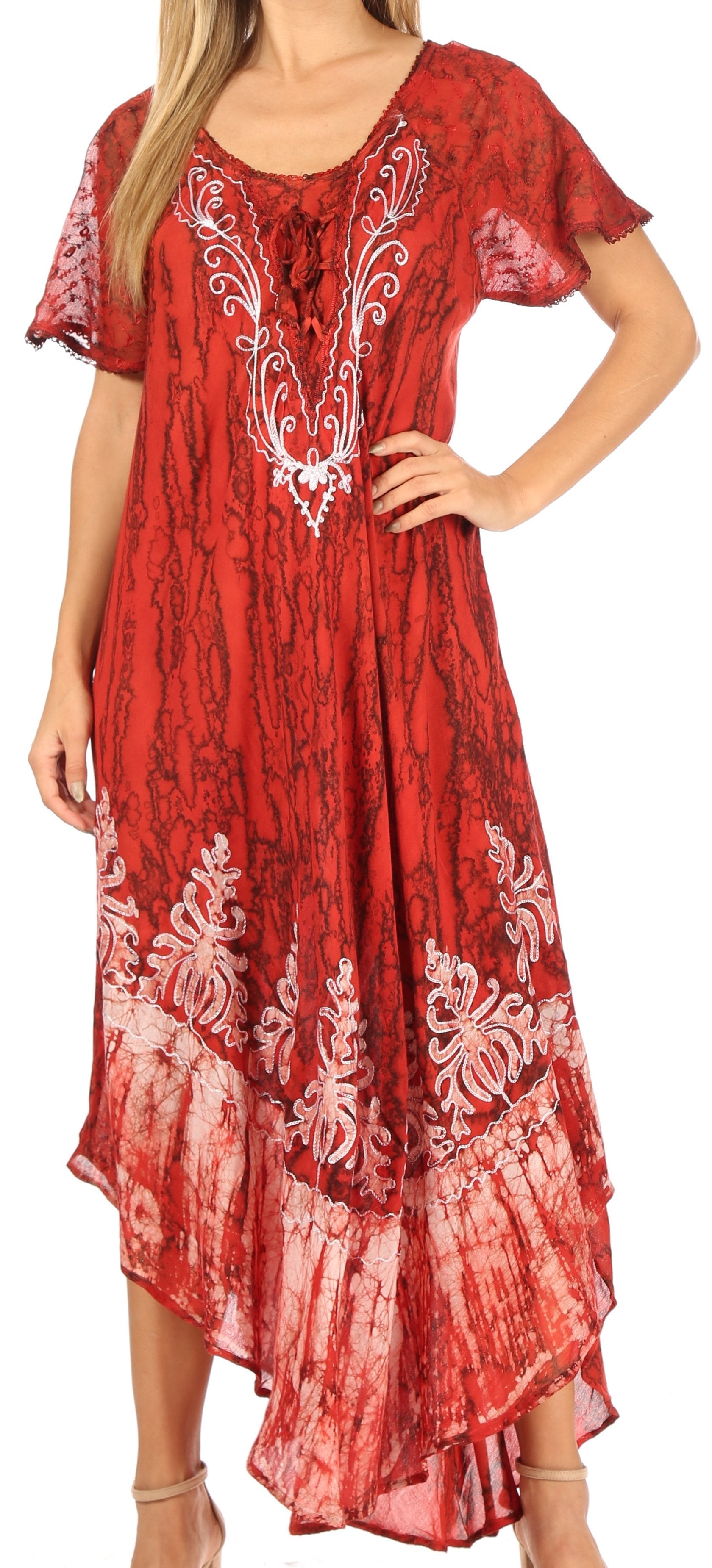 Sakkas - Ronny Lace Embroidered Cap Sleeve Tie Dye Wash Caftan Dress / Cover Up