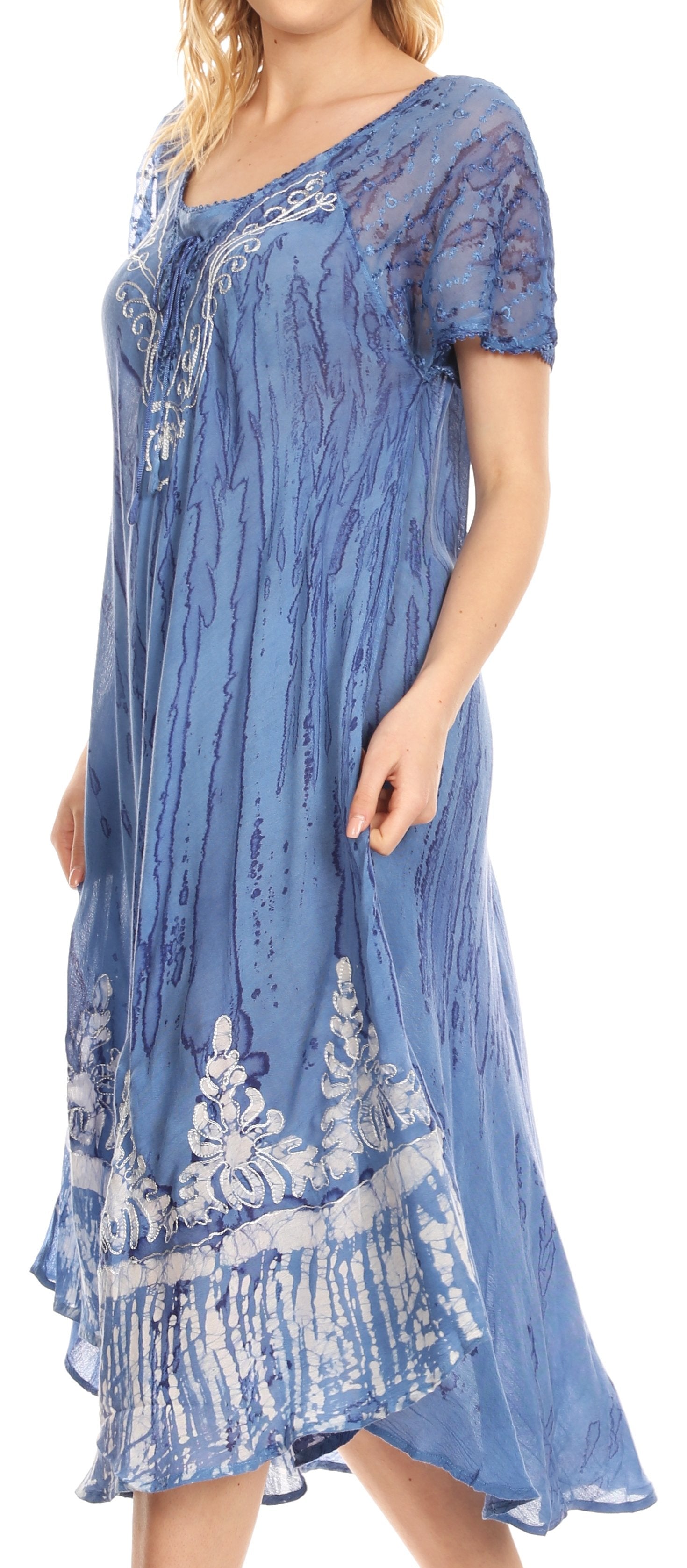 Sakkas - Ronny Lace Embroidered Cap Sleeve Tie Dye Wash Caftan Dress / Cover Up