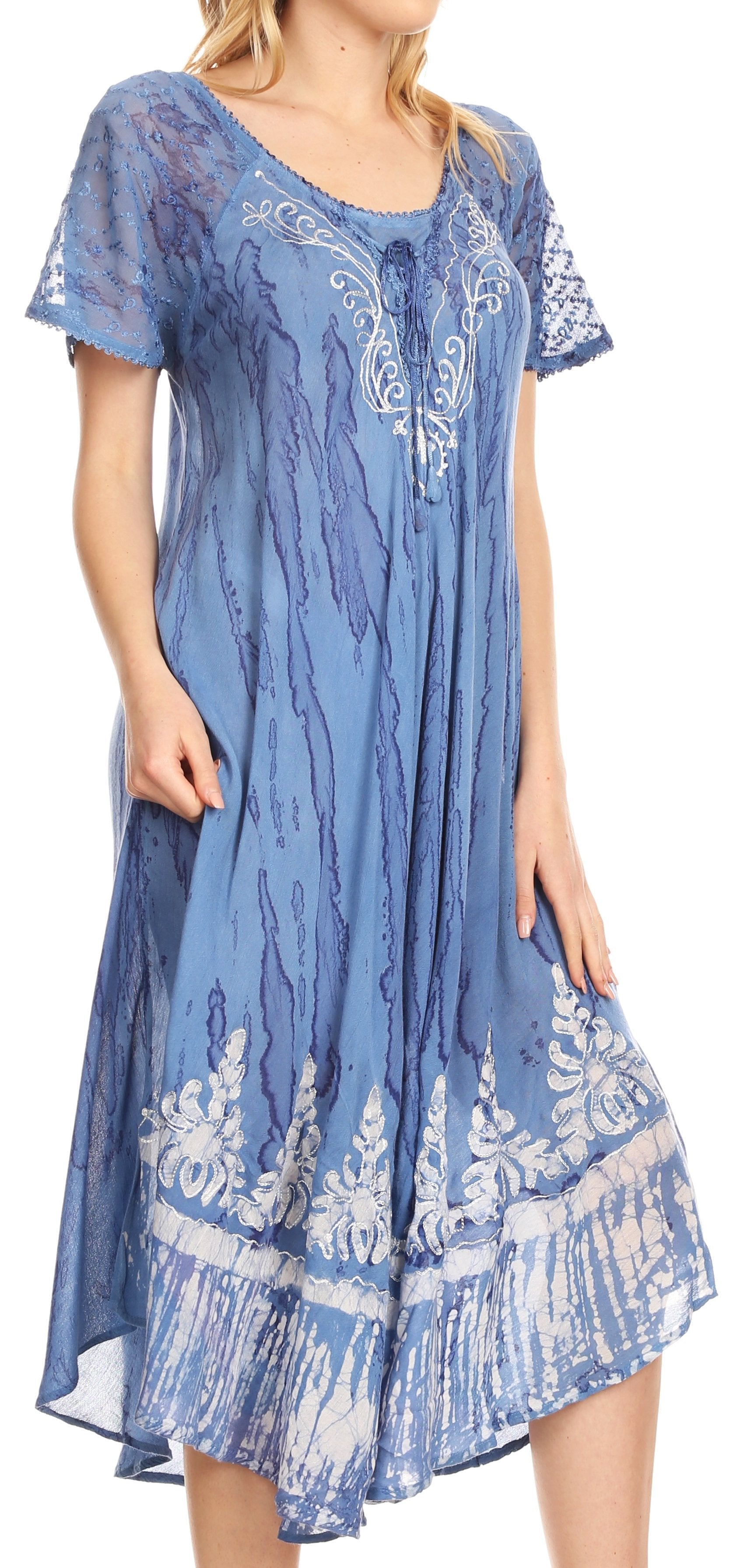 Sakkas - Ronny Lace Embroidered Cap Sleeve Tie Dye Wash Caftan Dress / Cover Up