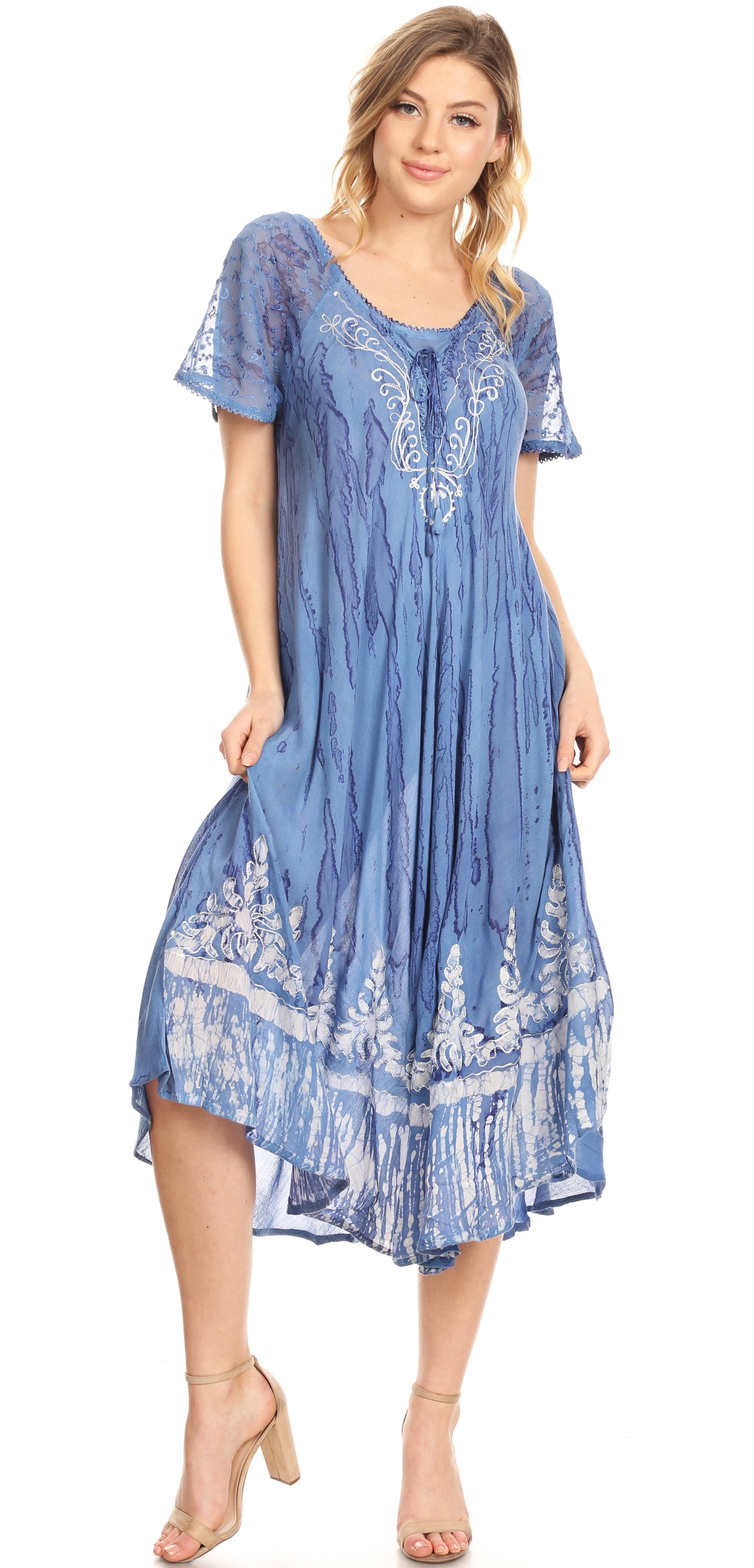 Sakkas - Ronny Lace Embroidered Cap Sleeve Tie Dye Wash Caftan Dress / Cover Up