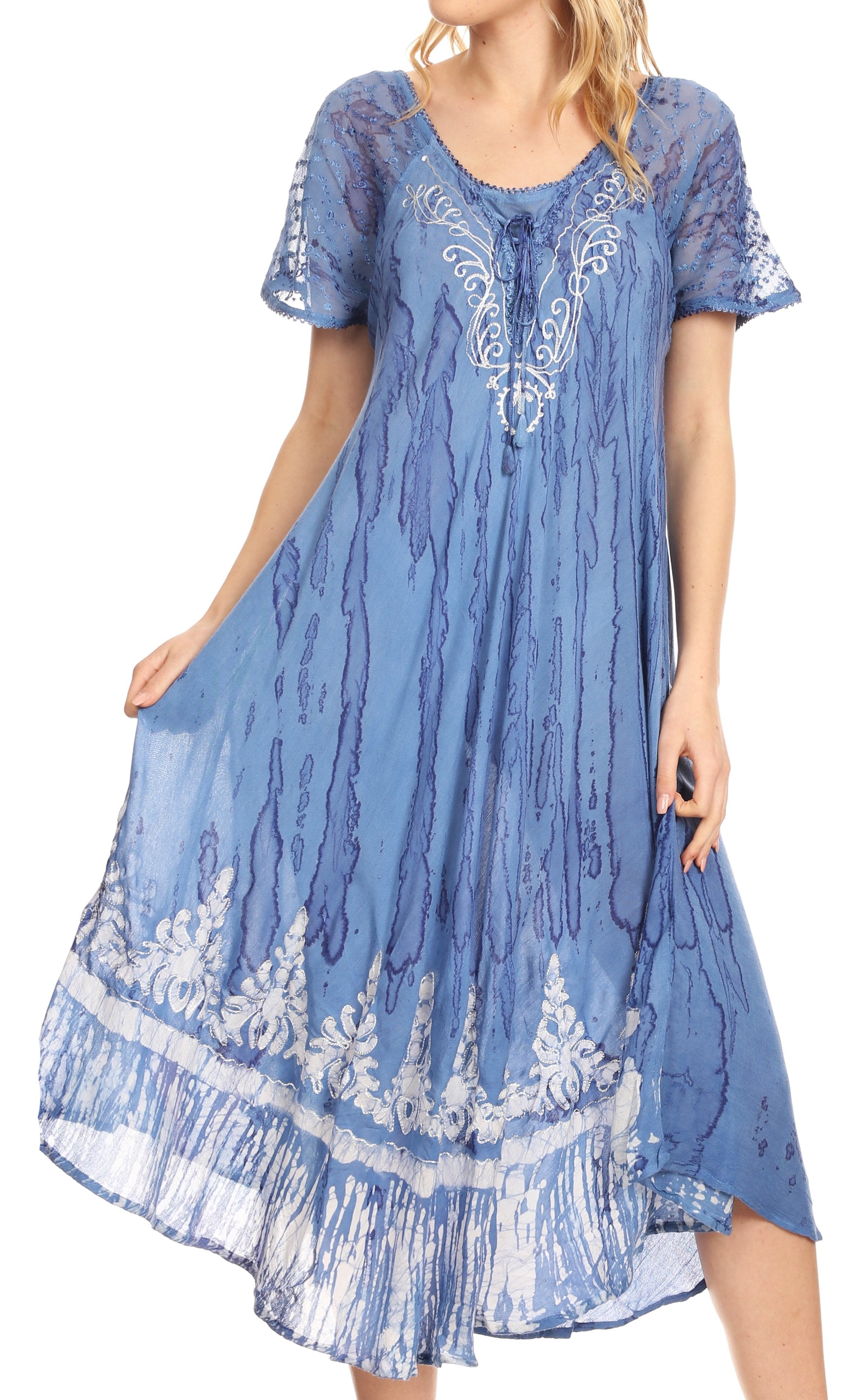 Sakkas - Ronny Lace Embroidered Cap Sleeve Tie Dye Wash Caftan Dress / Cover Up