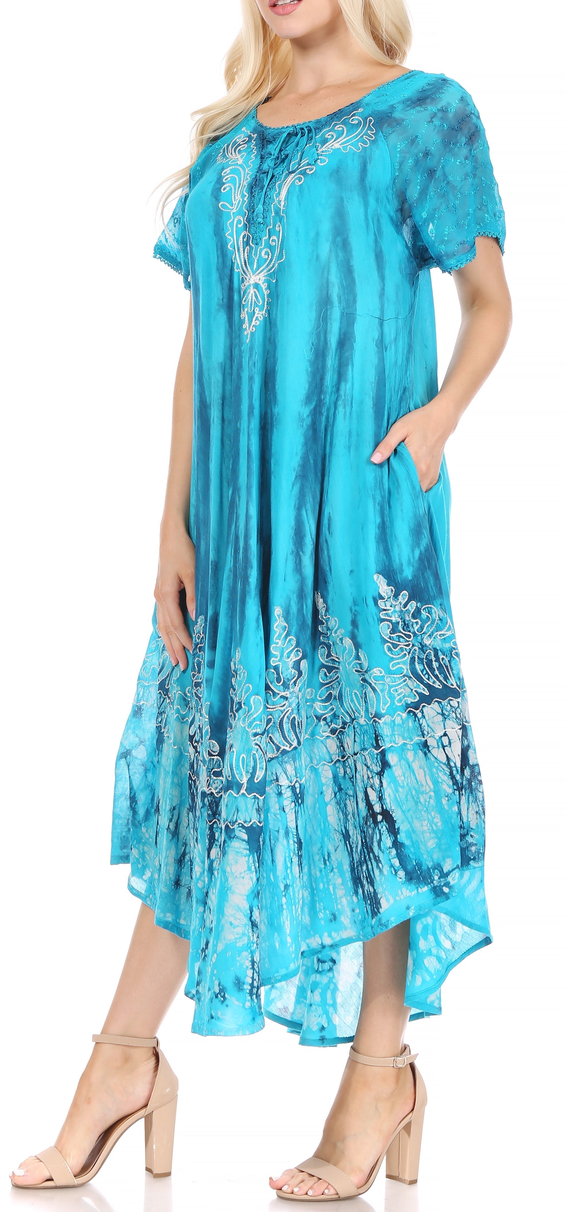 Sakkas - Ronny Lace Embroidered Cap Sleeve Tie Dye Wash Caftan Dress / Cover Up
