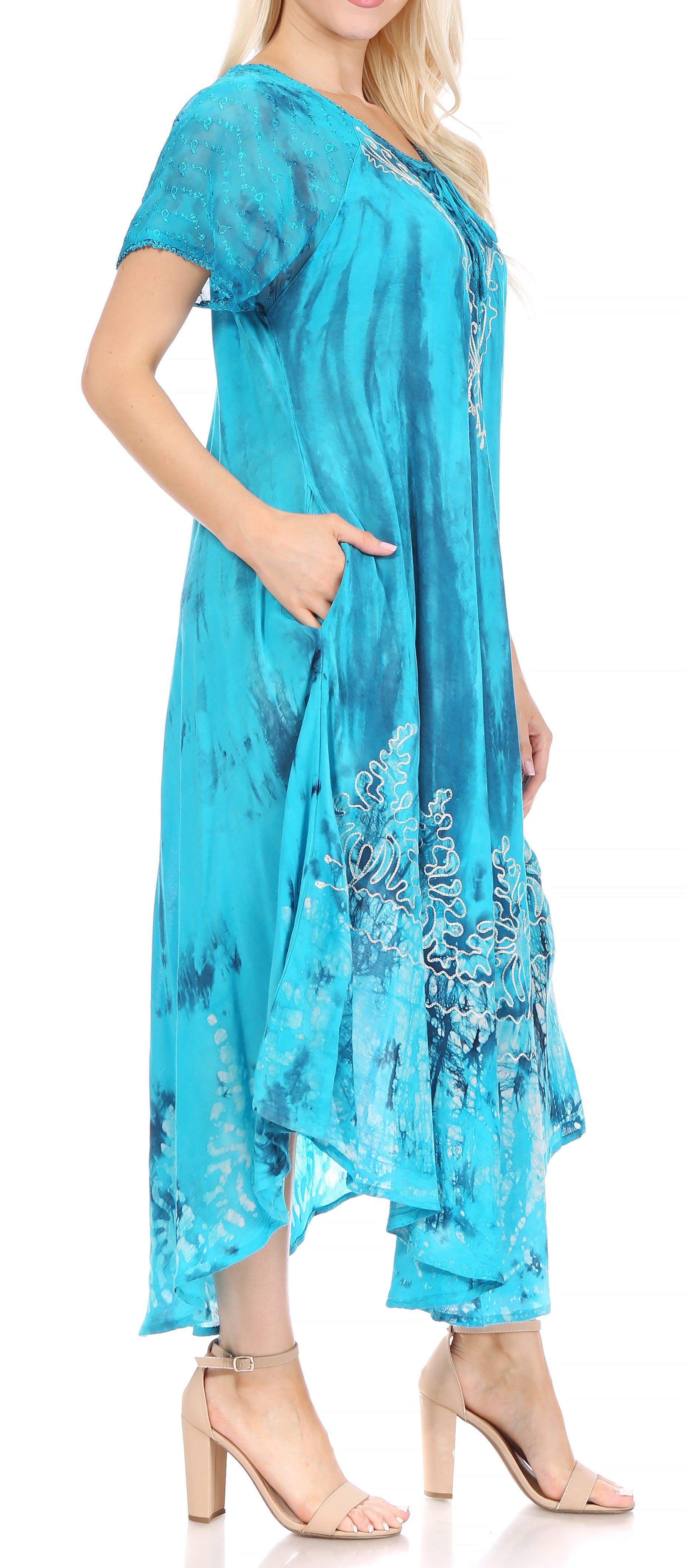 Sakkas - Ronny Lace Embroidered Cap Sleeve Tie Dye Wash Caftan Dress / Cover Up