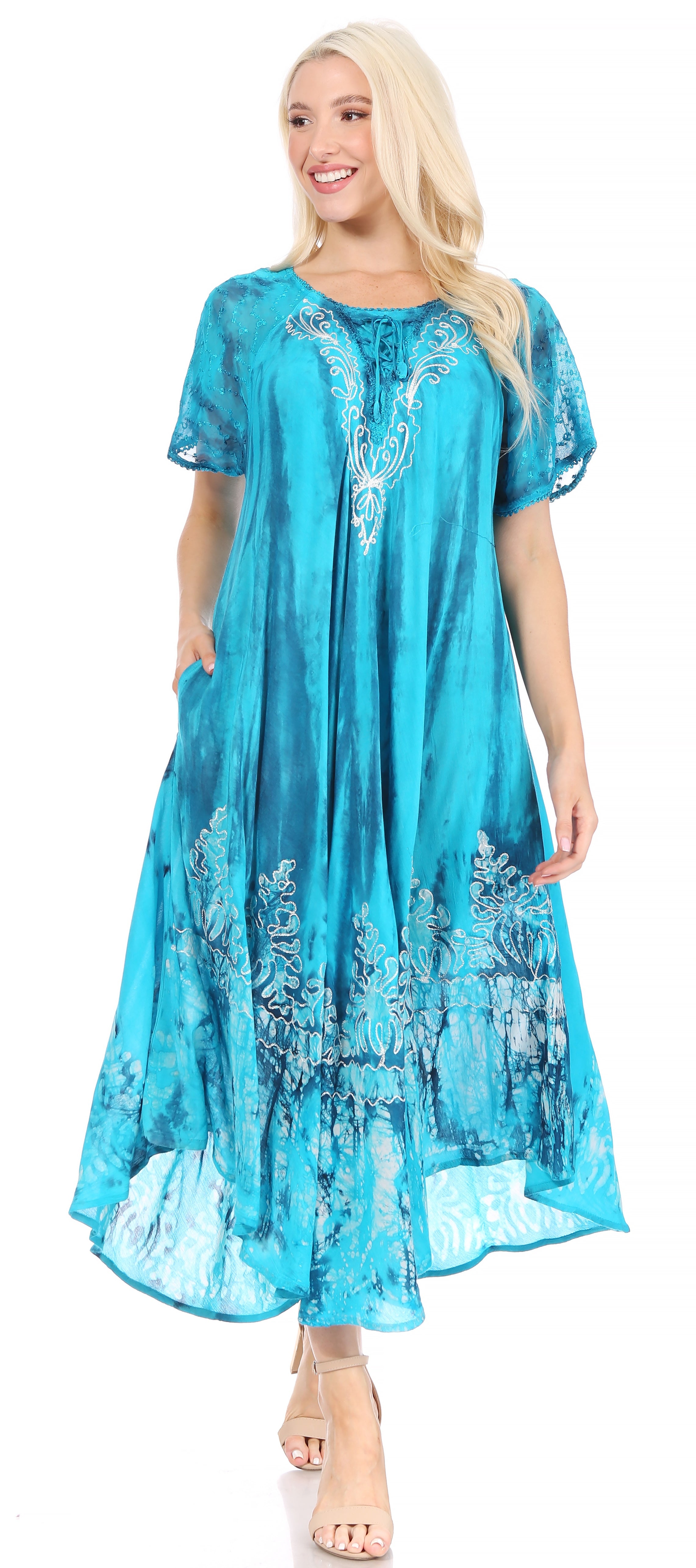 Sakkas - Ronny Lace Embroidered Cap Sleeve Tie Dye Wash Caftan Dress / Cover Up