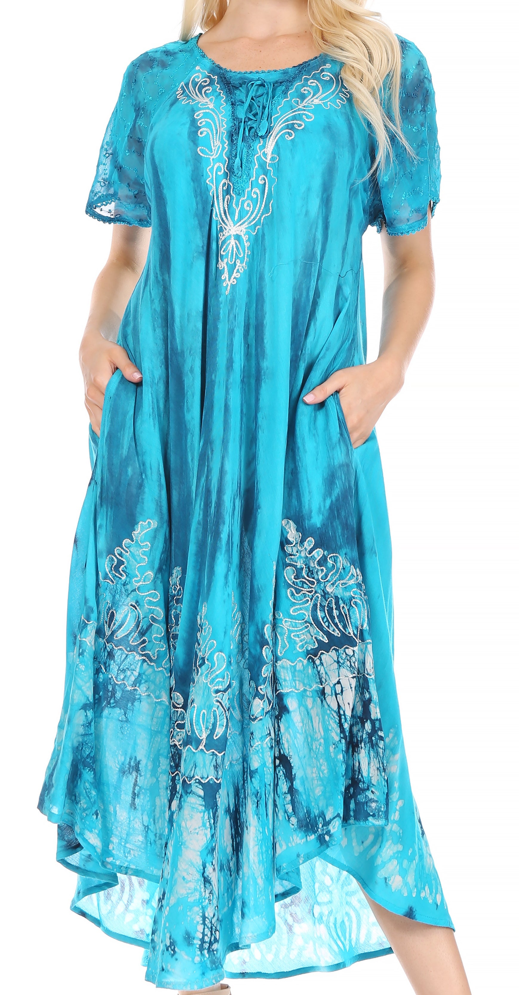 Sakkas - Ronny Lace Embroidered Cap Sleeve Tie Dye Wash Caftan Dress / Cover Up