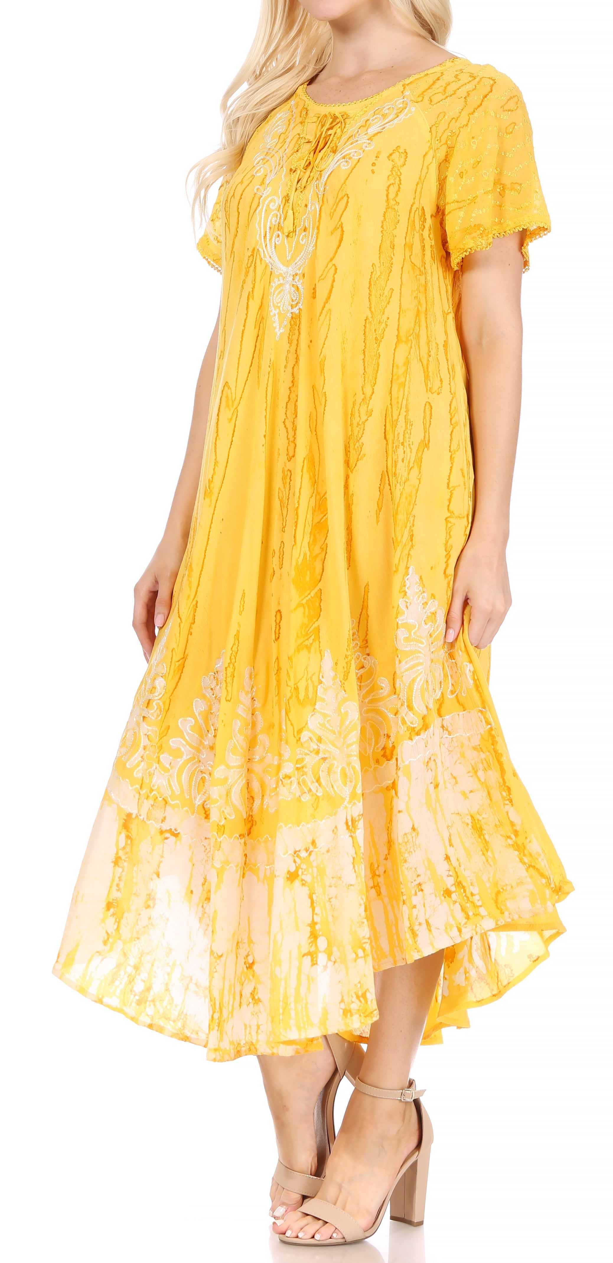 Sakkas - Ronny Lace Embroidered Cap Sleeve Tie Dye Wash Caftan Dress / Cover Up
