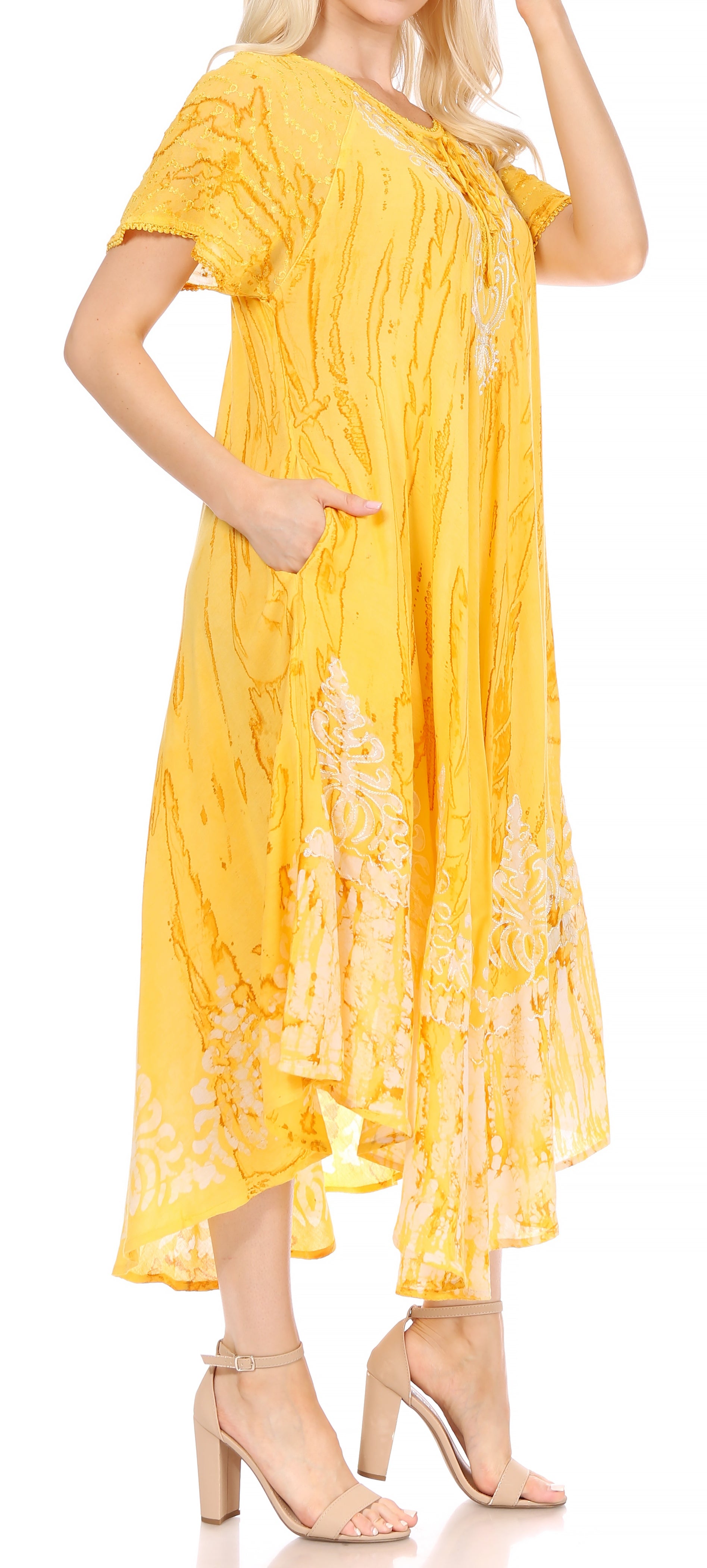 Sakkas - Ronny Lace Embroidered Cap Sleeve Tie Dye Wash Caftan Dress / Cover Up