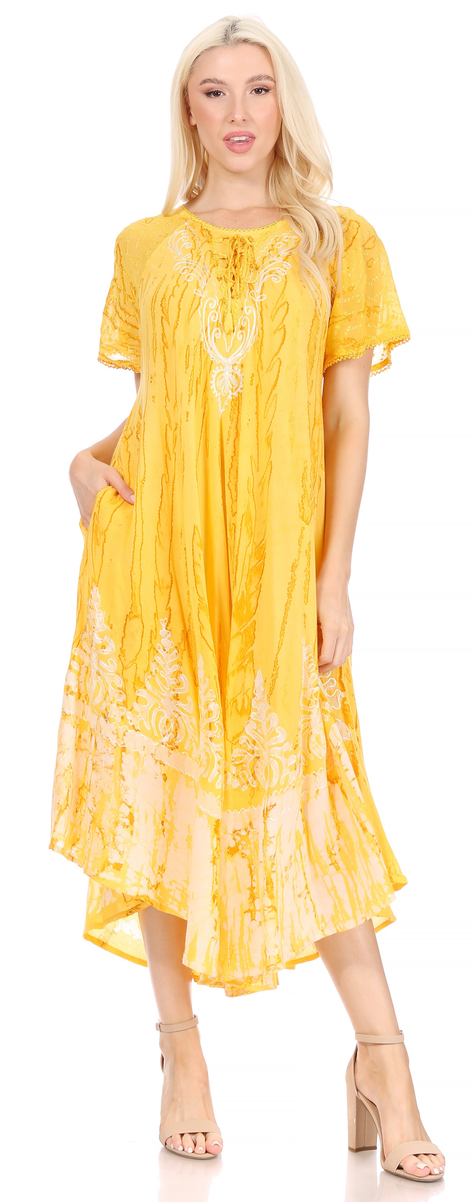 Sakkas - Ronny Lace Embroidered Cap Sleeve Tie Dye Wash Caftan Dress / Cover Up