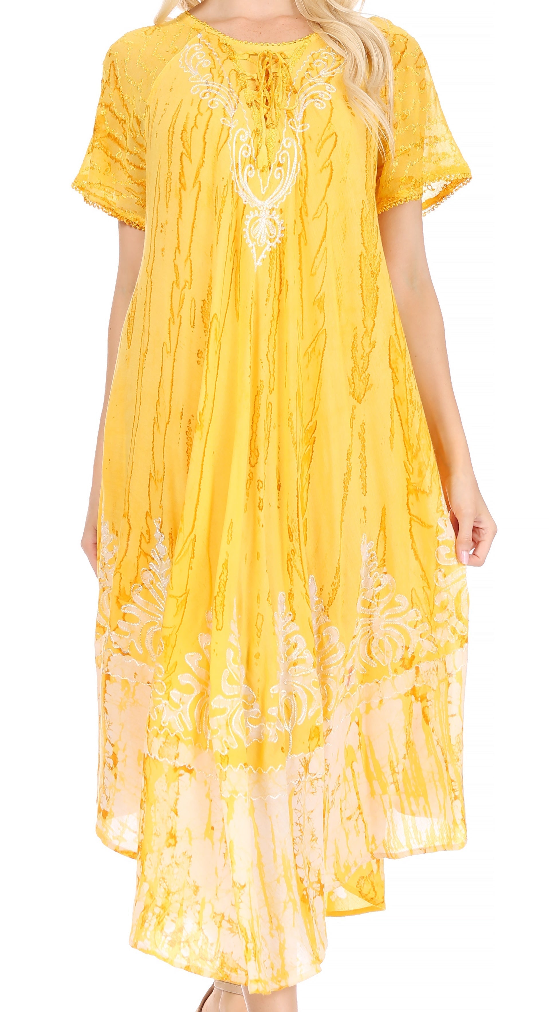 Sakkas - Ronny Lace Embroidered Cap Sleeve Tie Dye Wash Caftan Dress / Cover Up