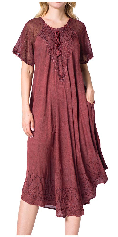 Maroon dress with lace details on a white background