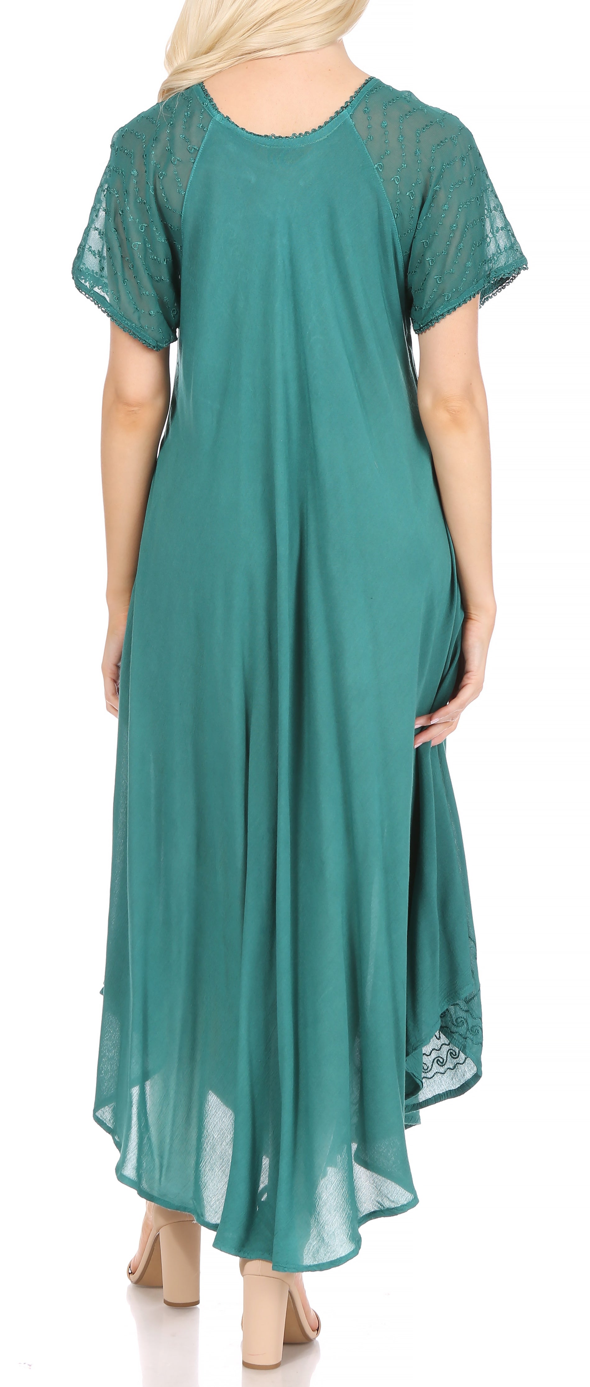 Teal dress with lace details on a white background
