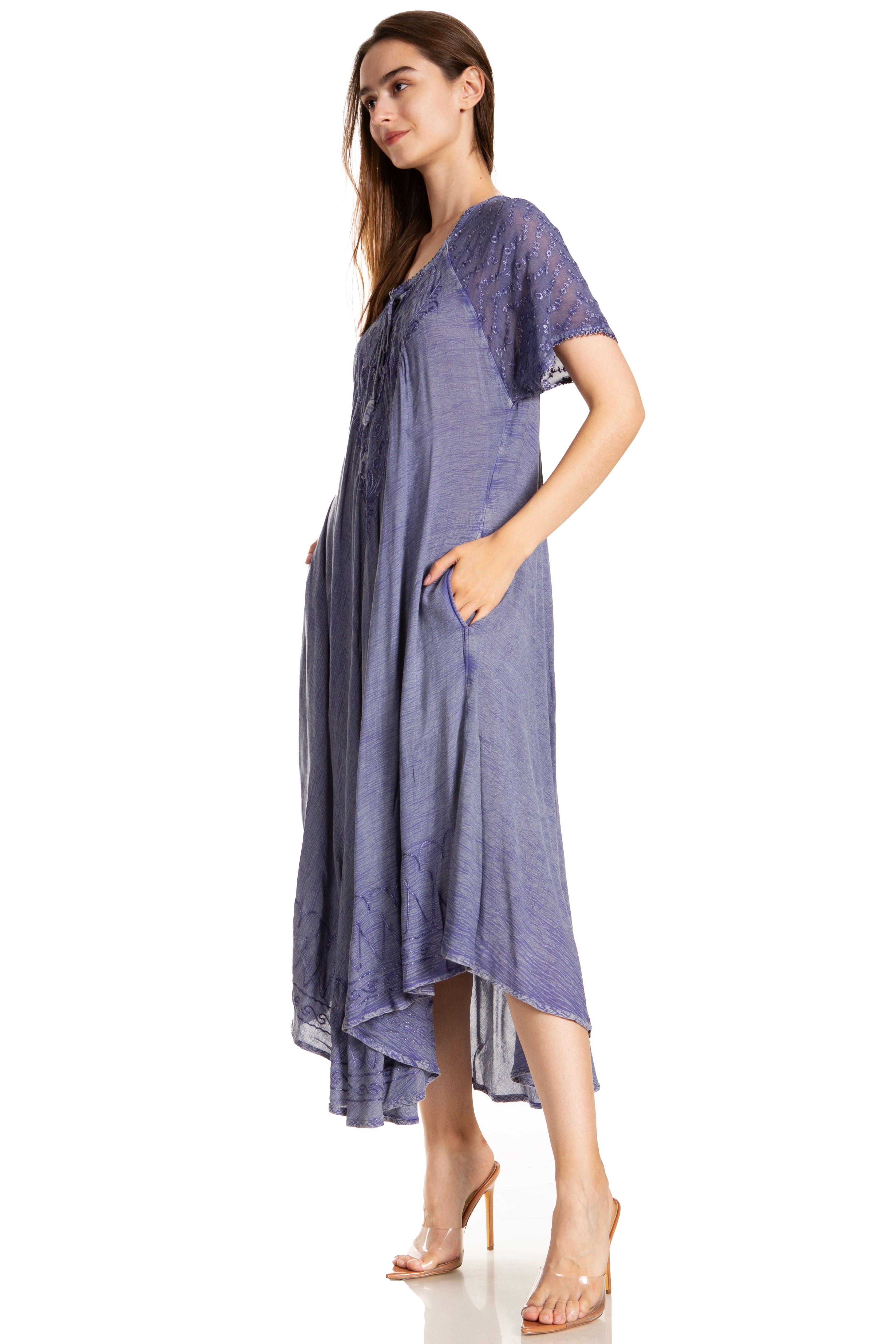 Woman wearing a purple dress on a white background