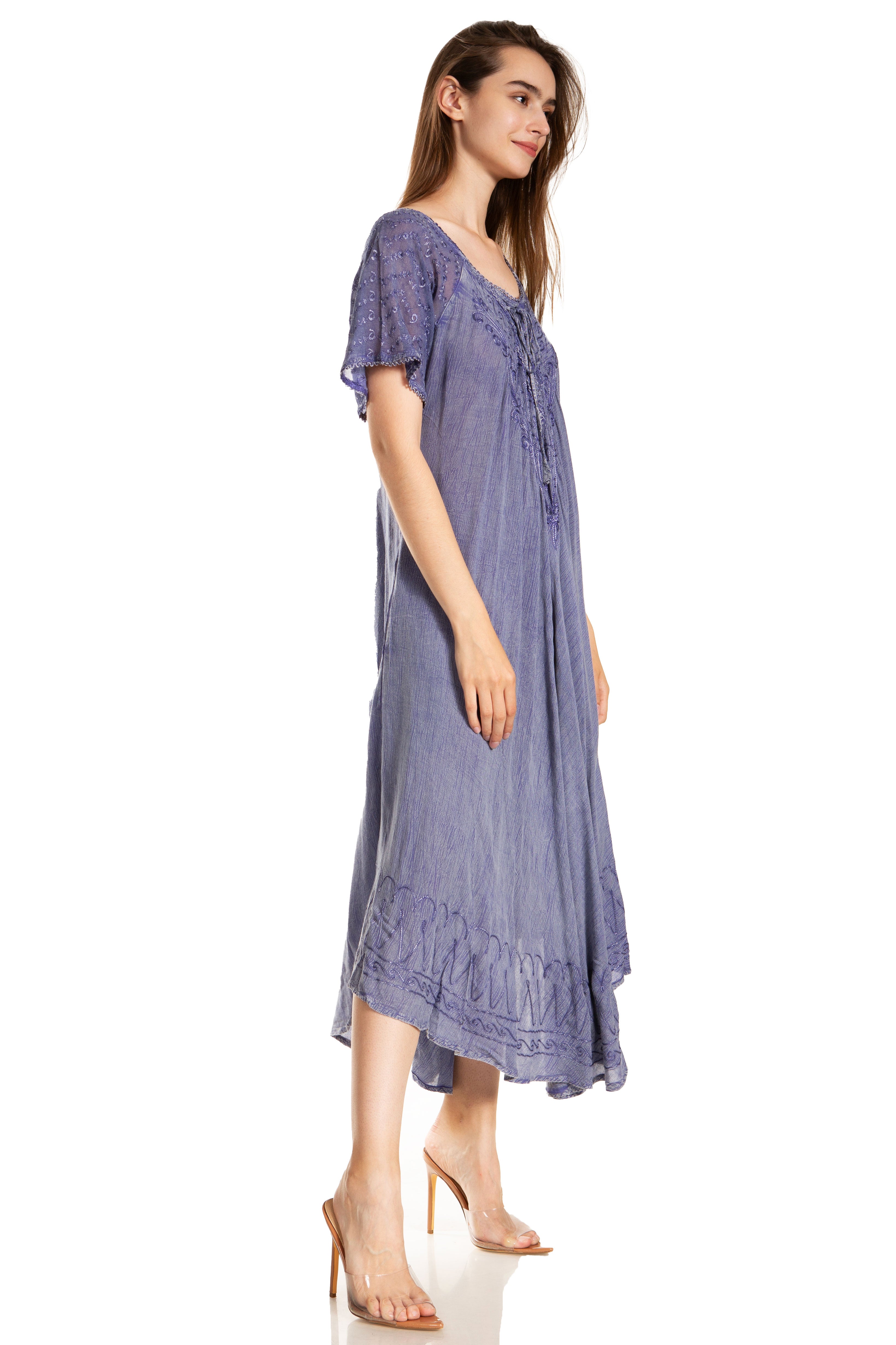 Woman wearing a purple dress on a white background