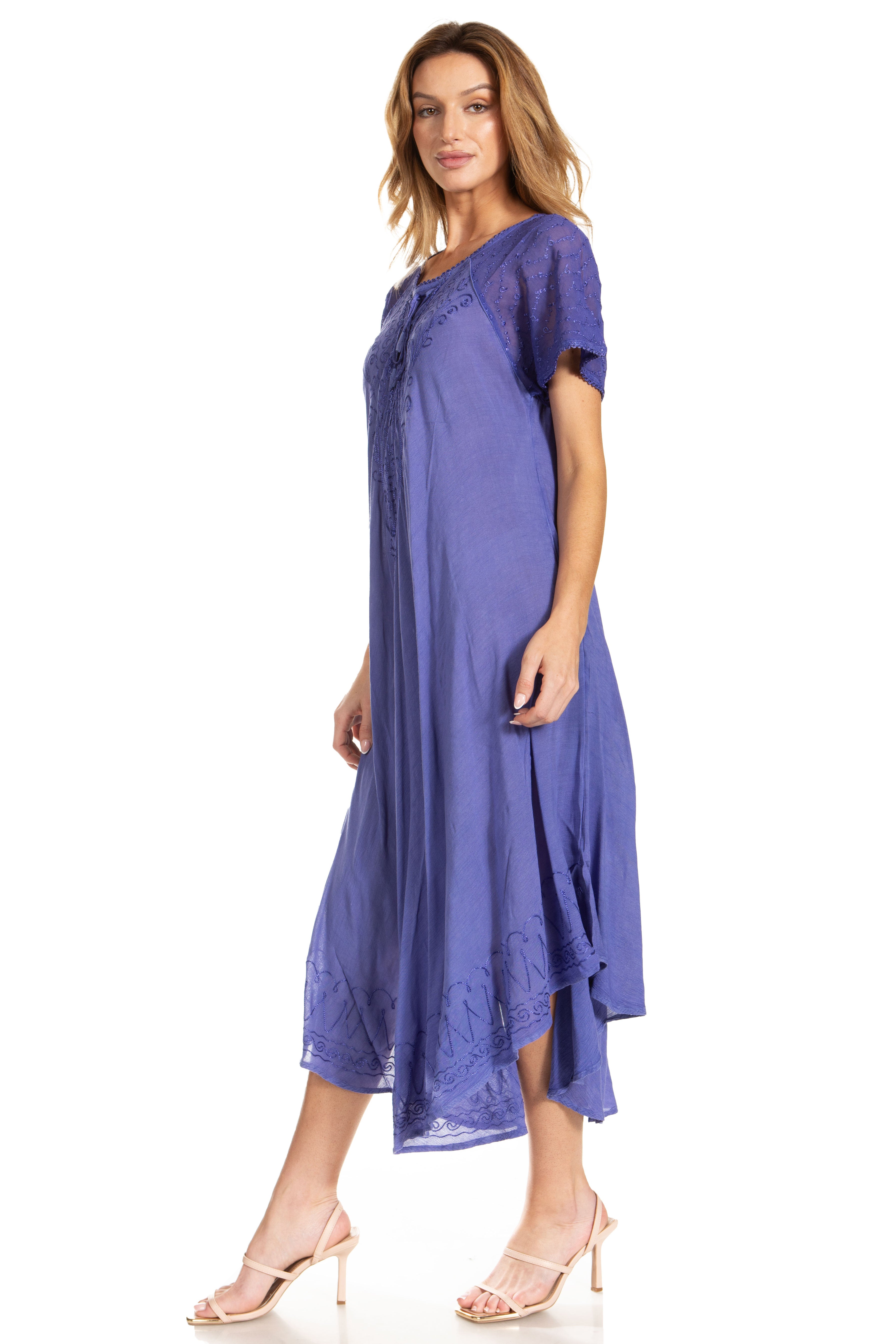 Woman wearing a purple dress on a white background