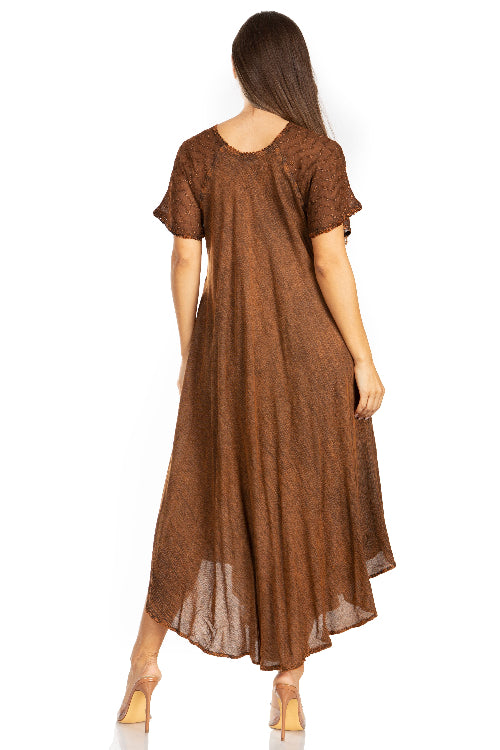 Brown dress worn by a model on a white background