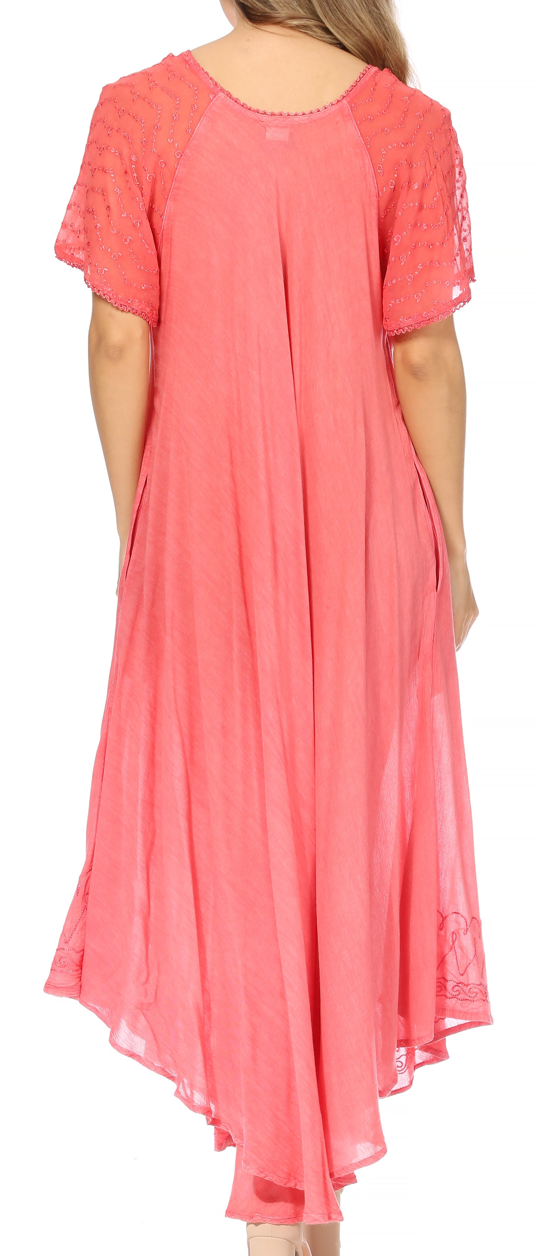 Coral dress with lace sleeves on a white background
