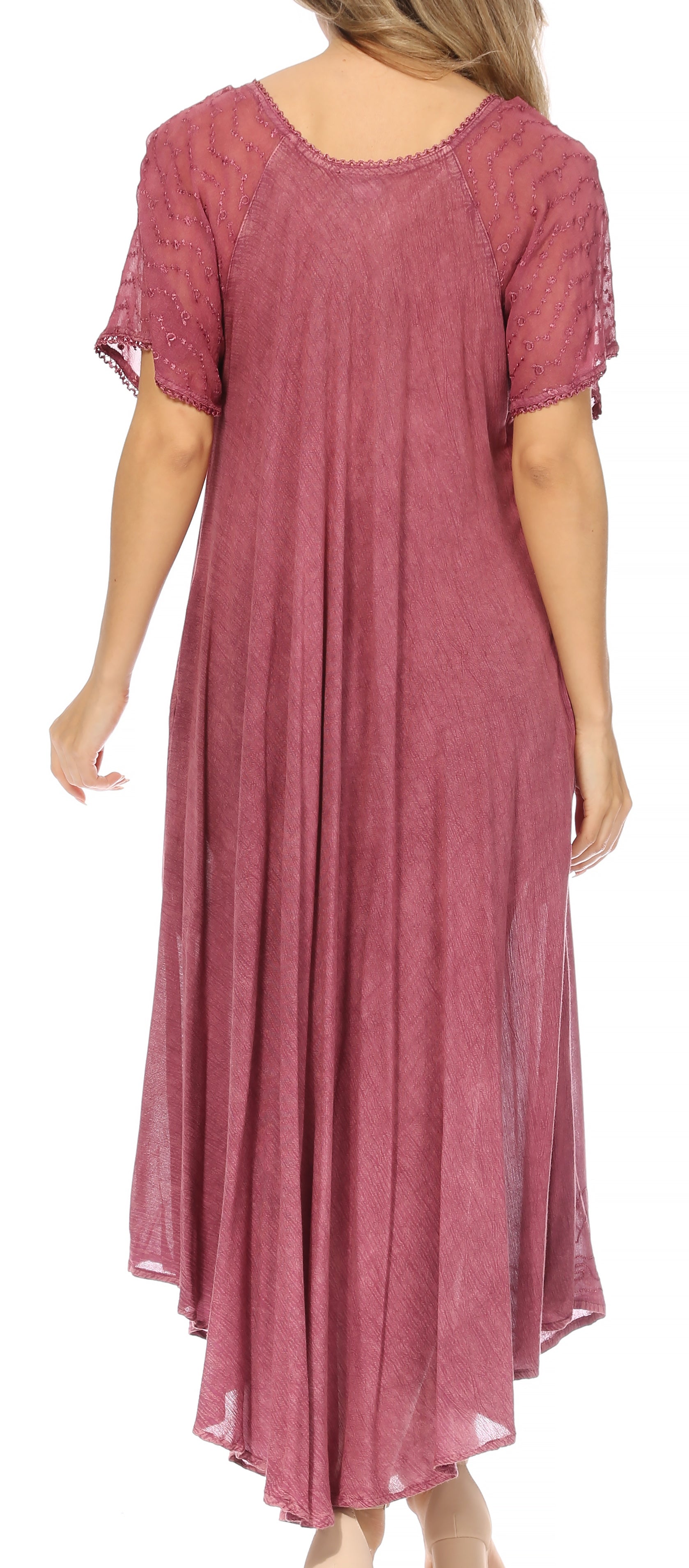 Pink lace dress with short sleeves on a white background