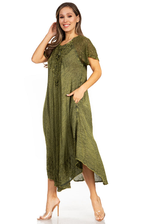 Woman wearing a green dress on a white background