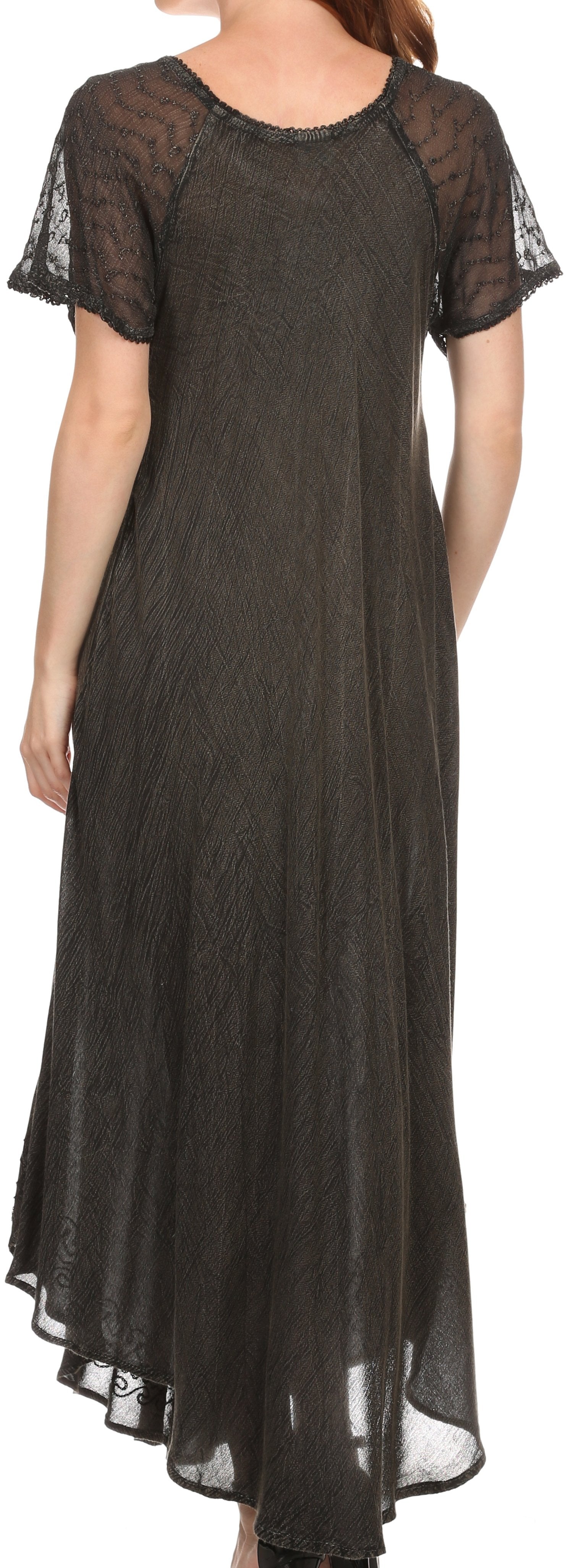 Black lace dress worn by a person on a white background