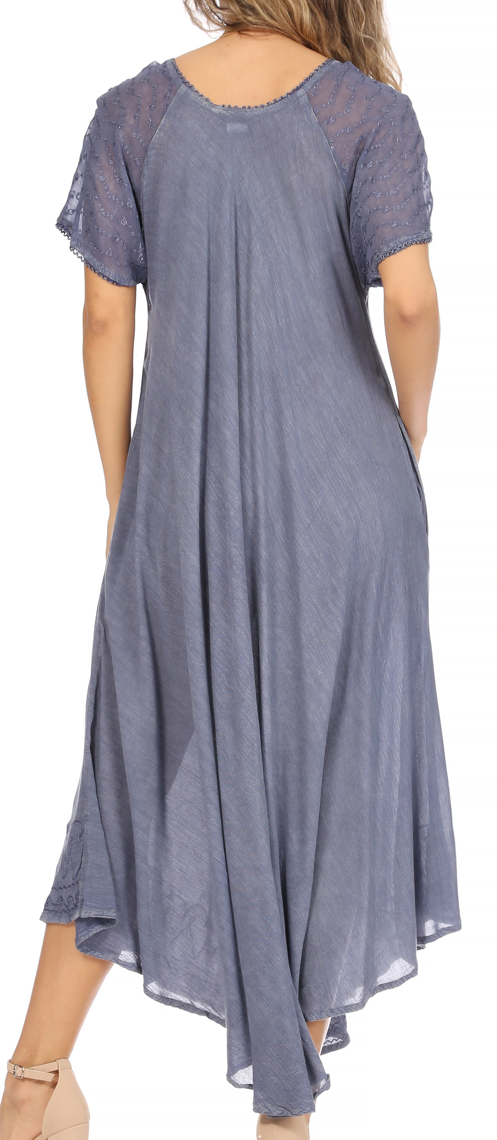 Blue dress with sheer sleeves on a white background