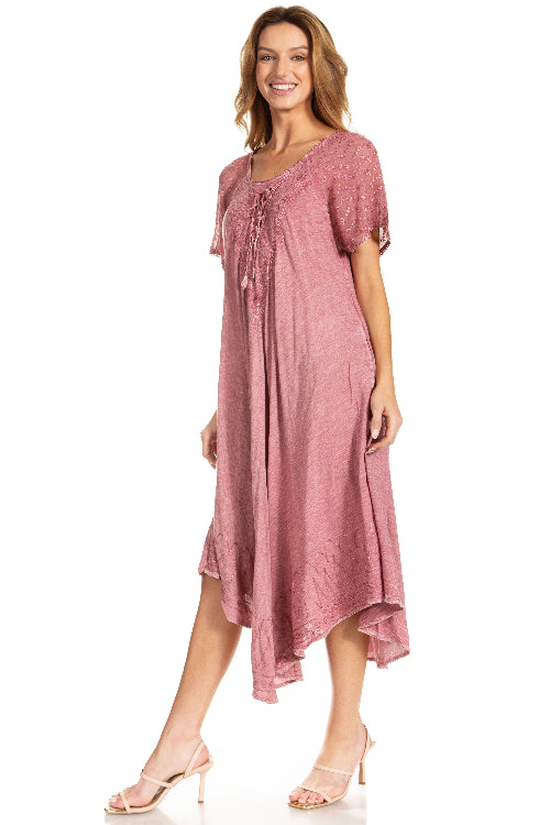 Woman wearing a pink dress on a white background