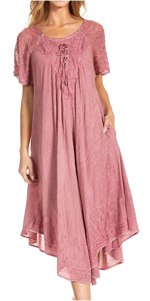 Pink dress with lace details on a white background