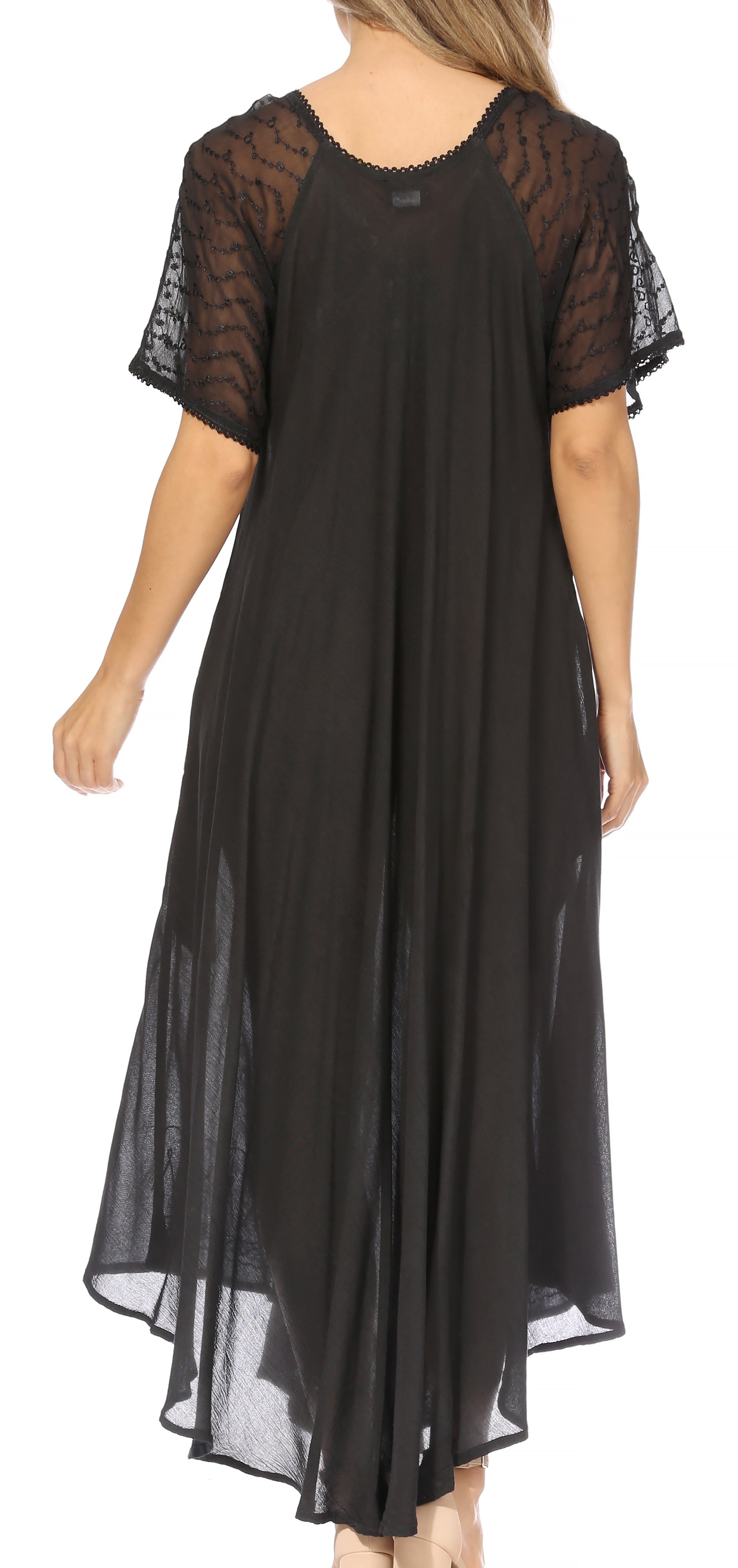 Black dress with sheer sleeves on a white background