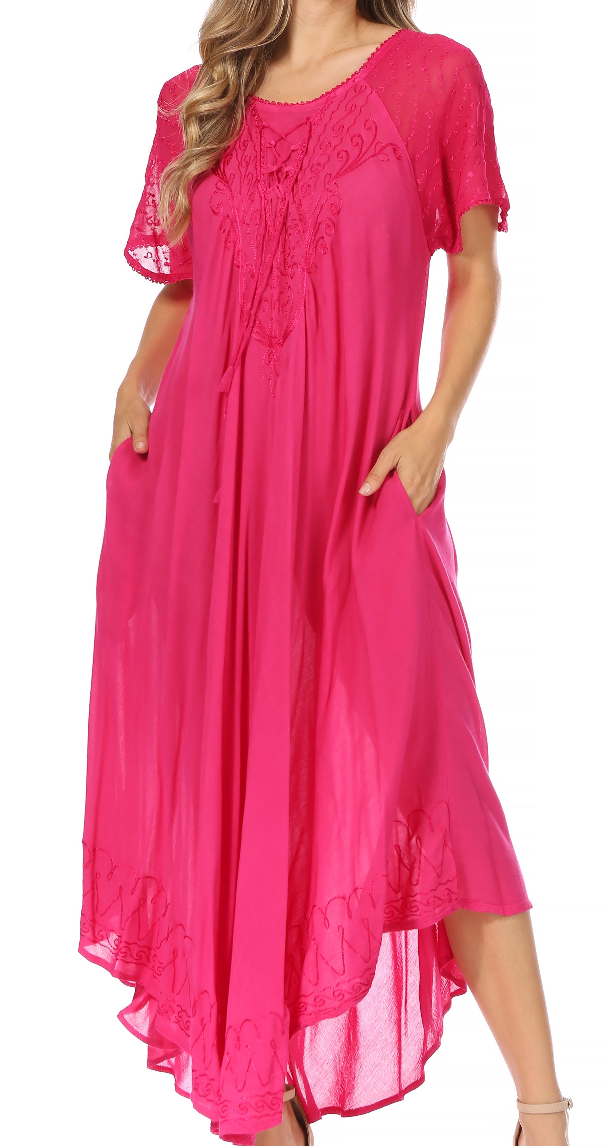 Pink dress with lace details on a white background
