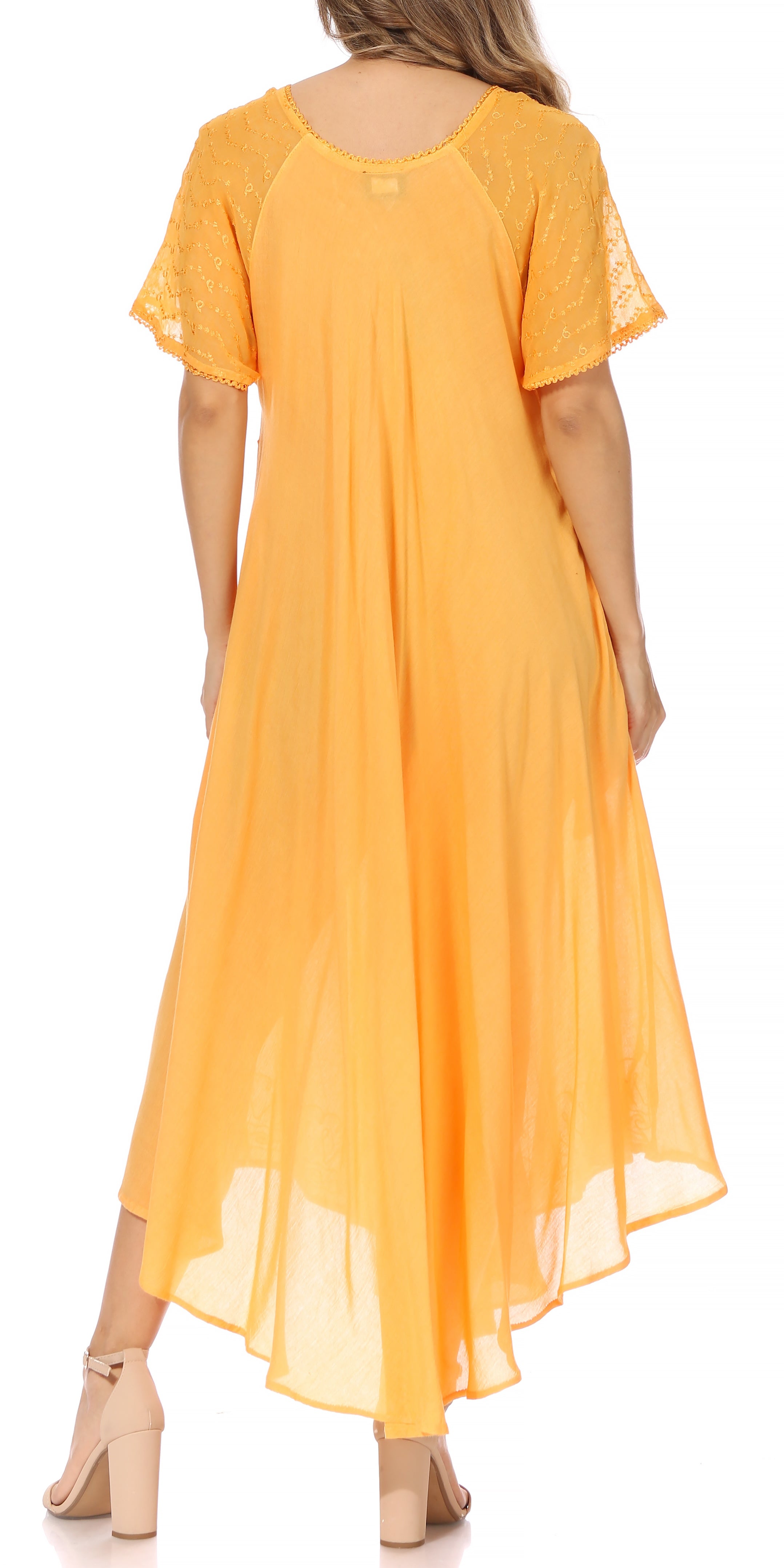 Orange dress with lace sleeves on a white background