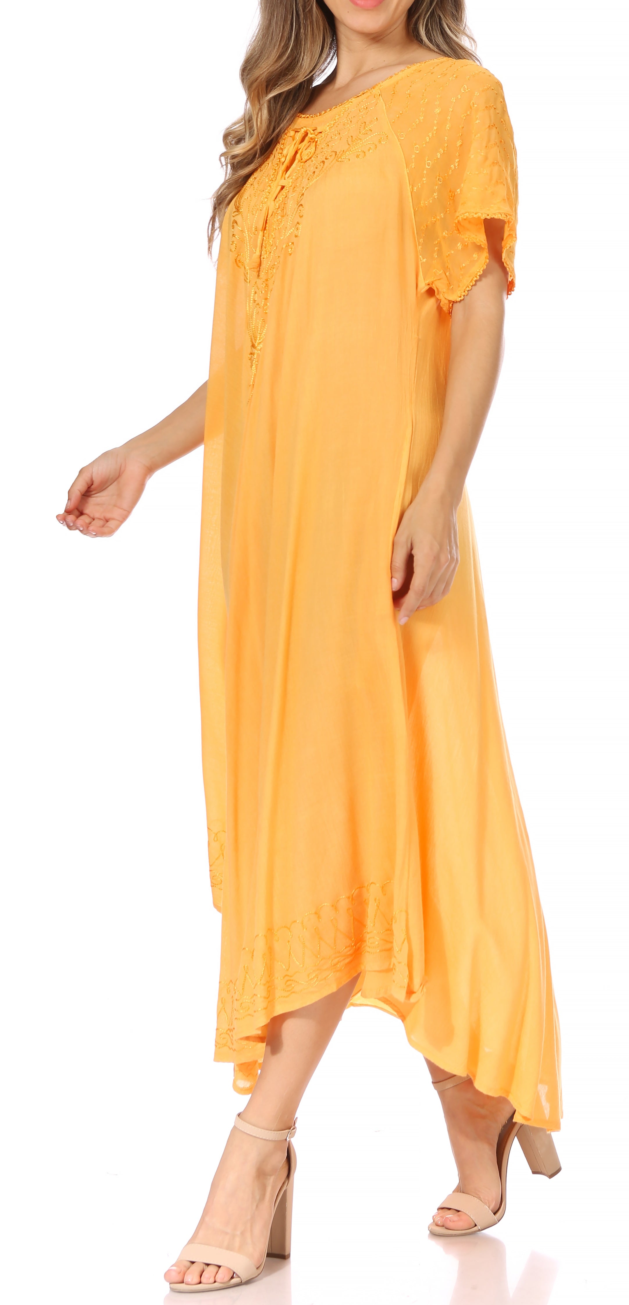 Woman wearing an orange dress on a white background