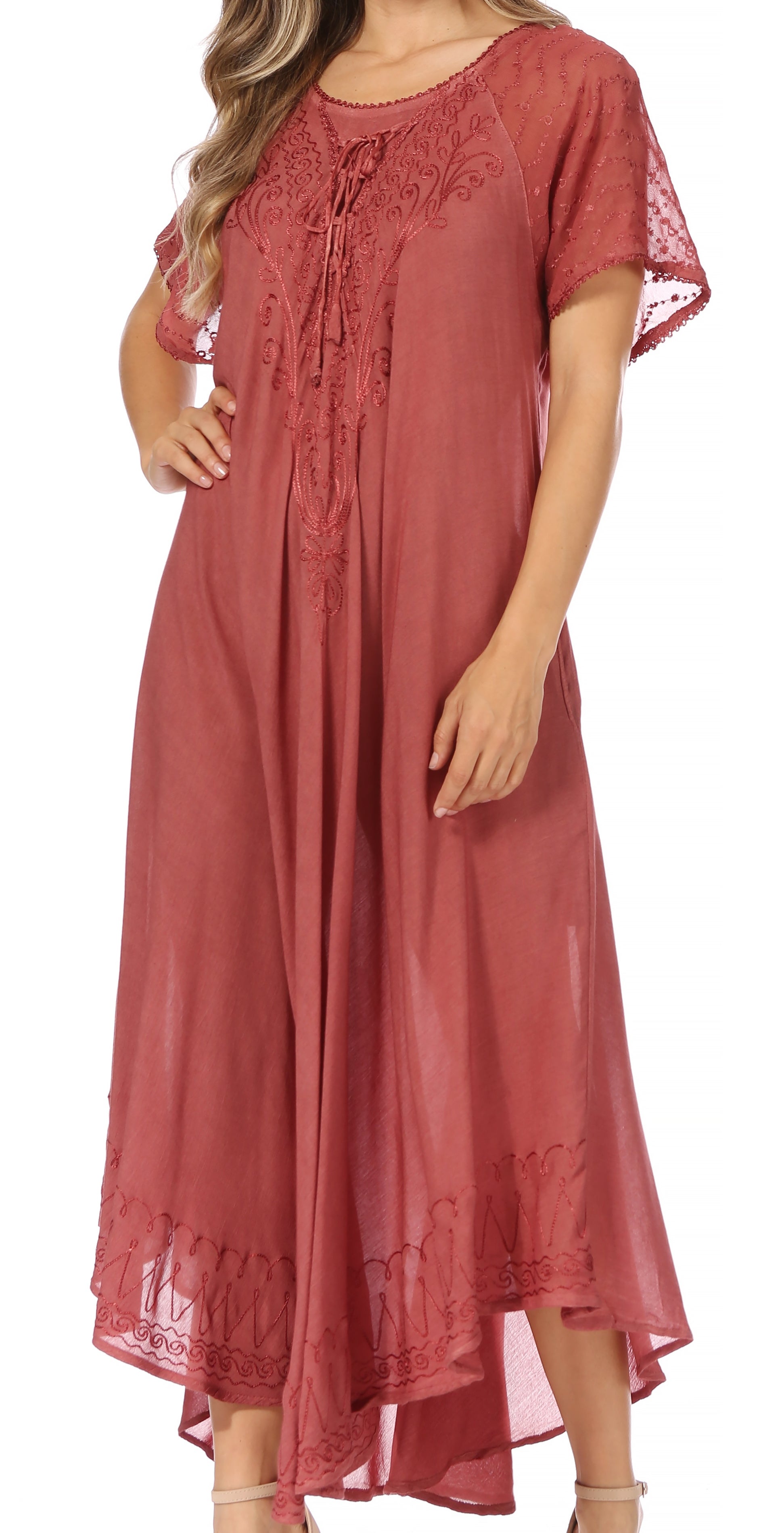 Red dress with lace details on a white background