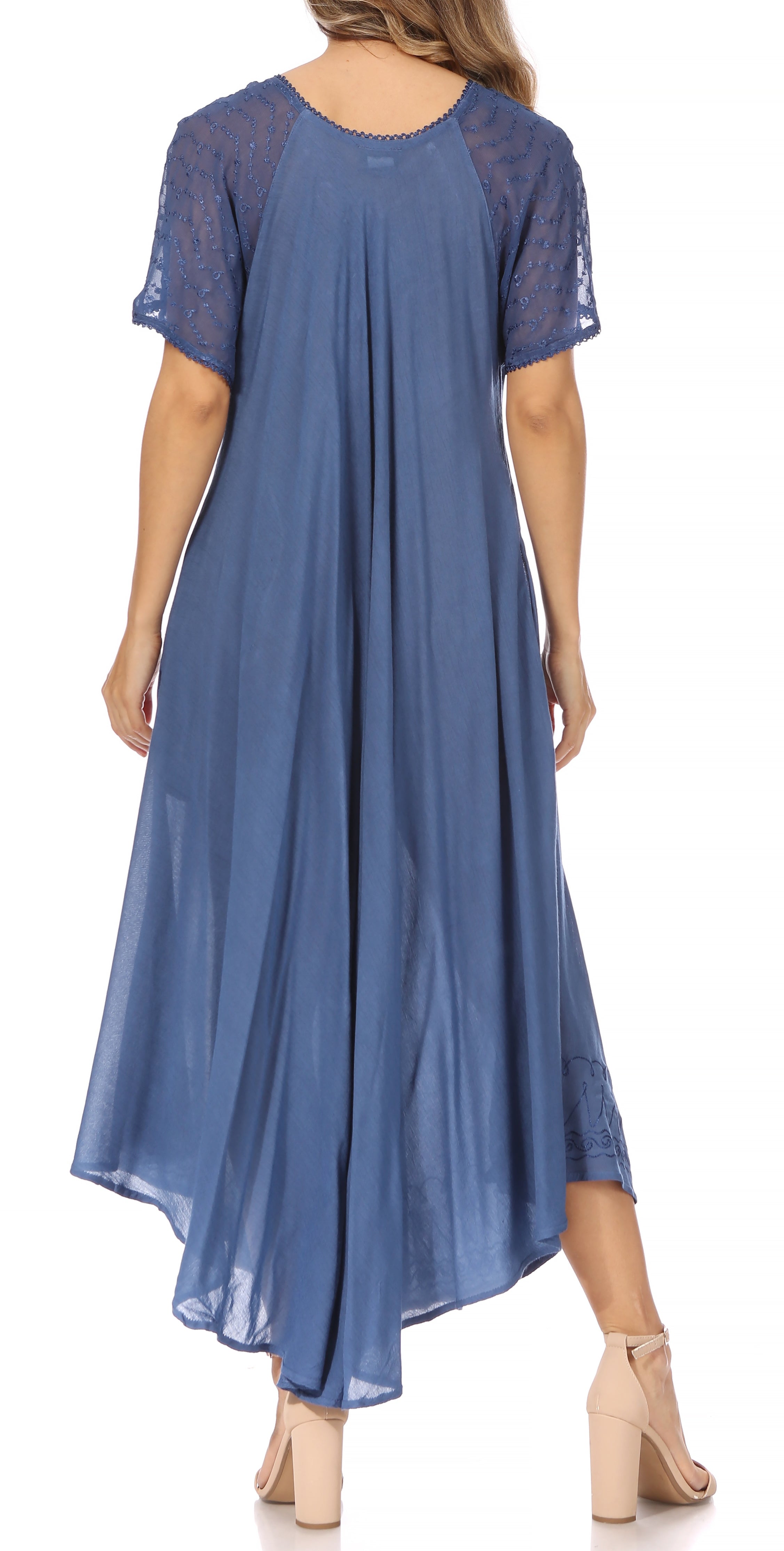 Blue dress with lace sleeves on a white background