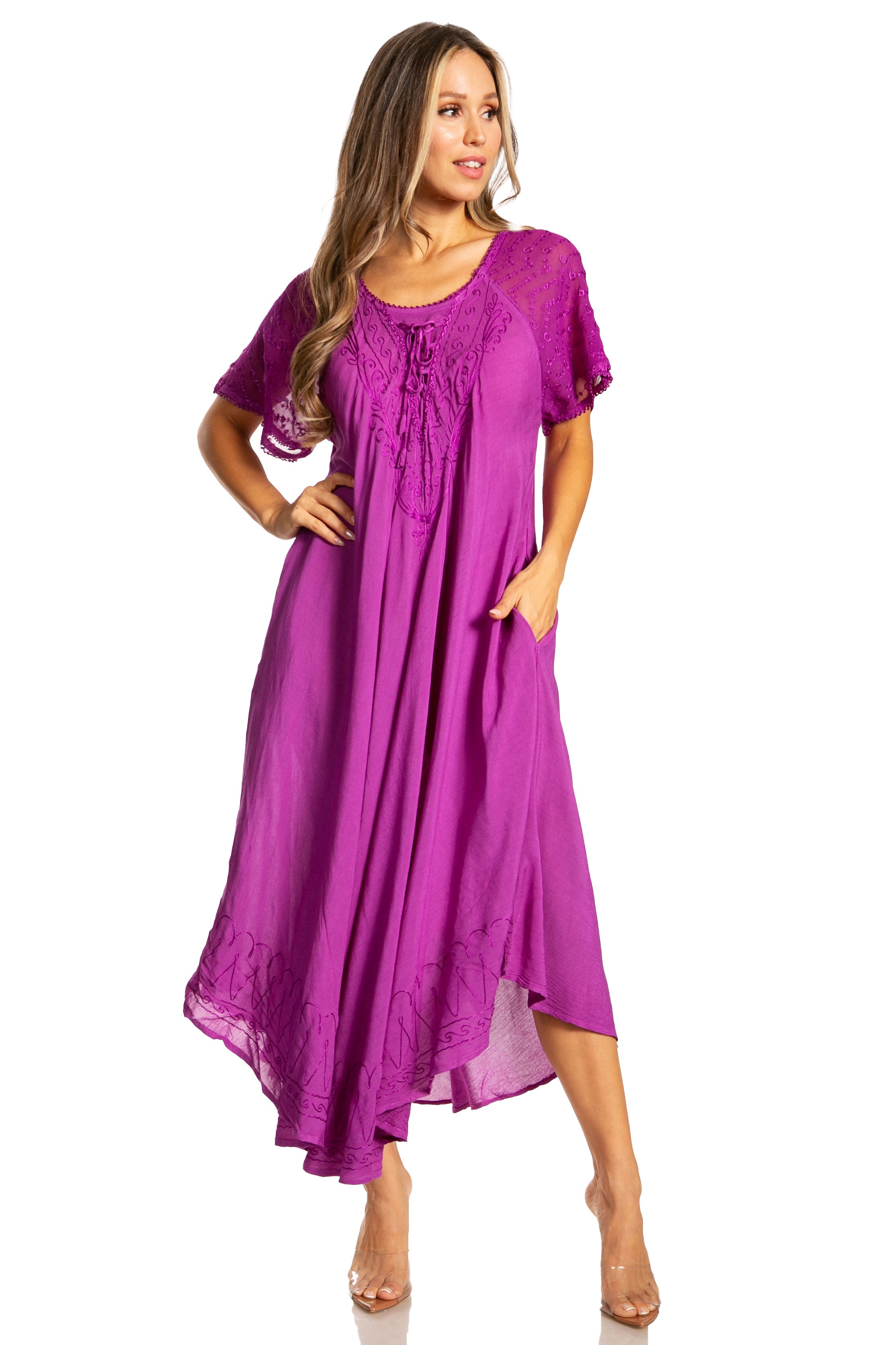 Woman wearing a purple dress on a white background