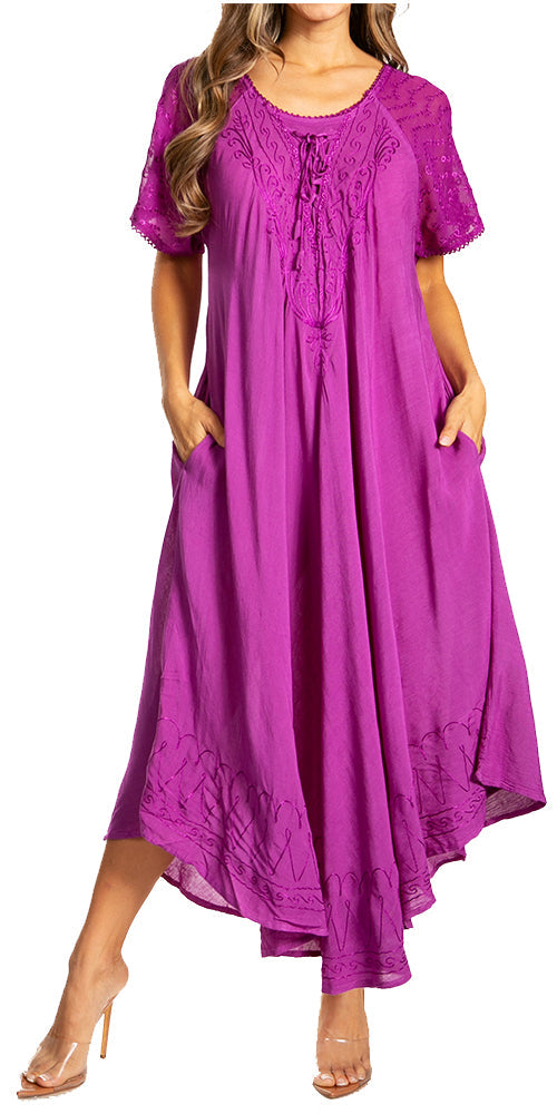 Woman wearing a purple dress with short sleeves and a high-low hem on a white background