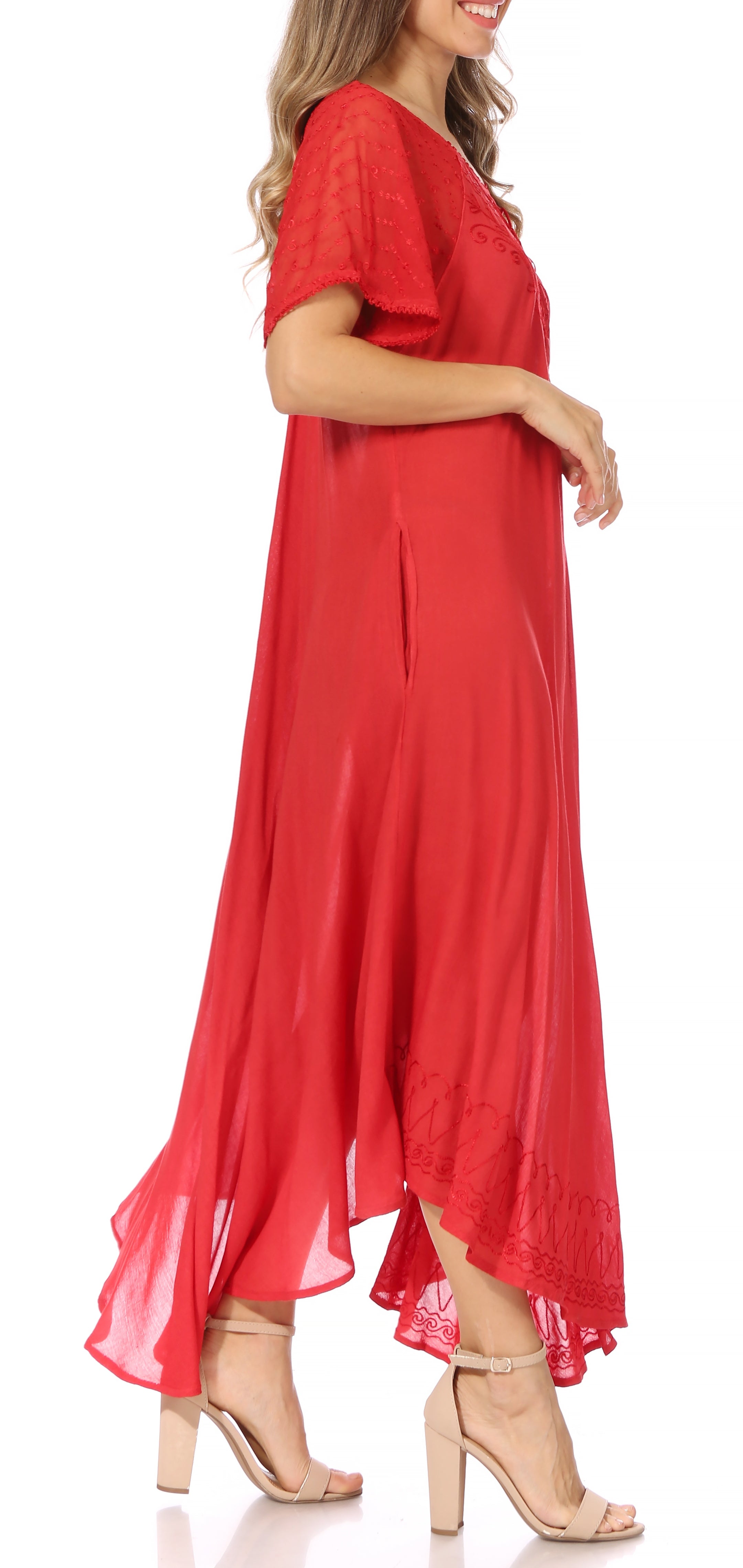 Woman wearing a red dress on a white background