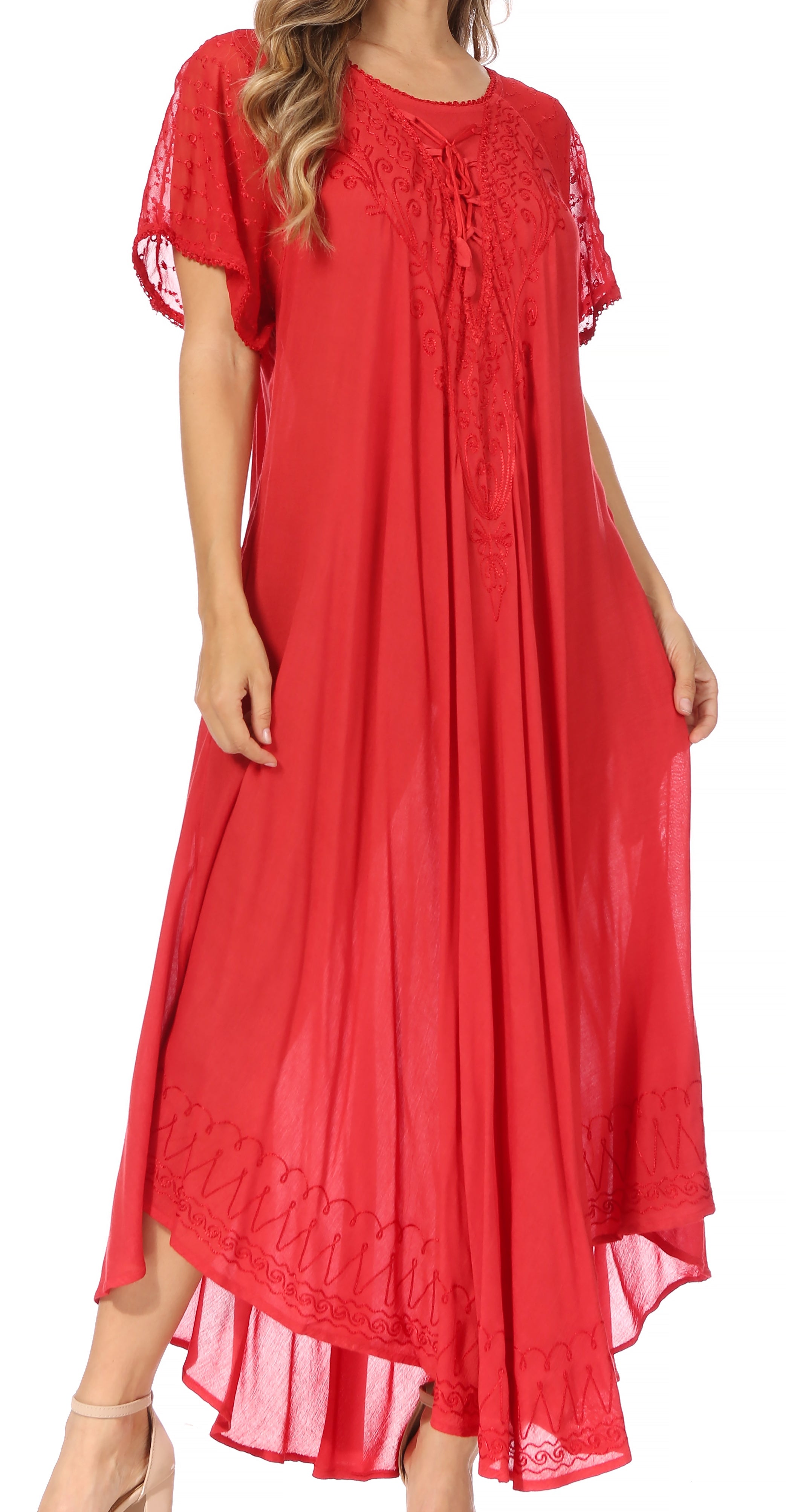Red dress with lace details on a white background