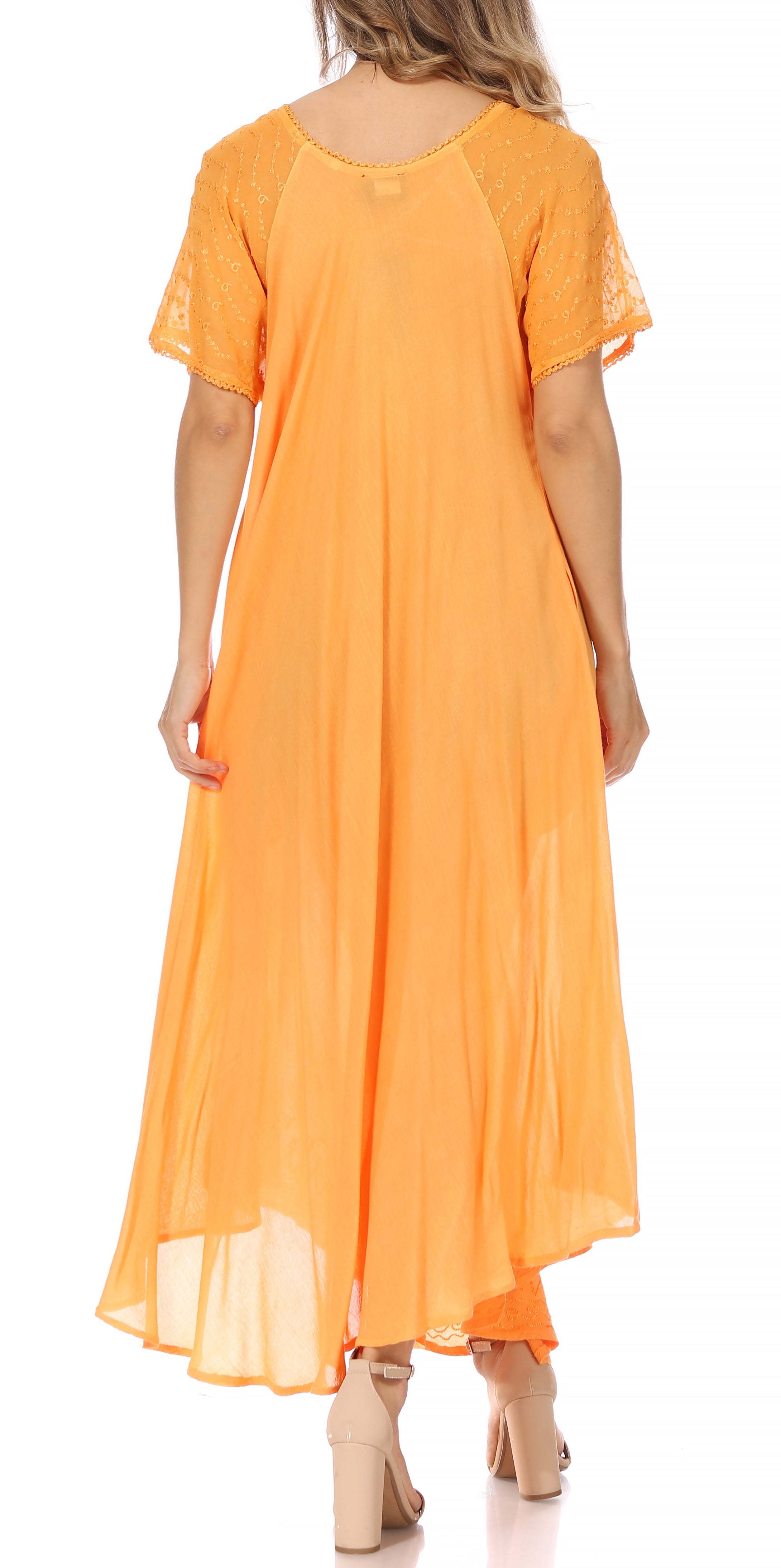 Orange dress with sheer sleeves and hem on a white background